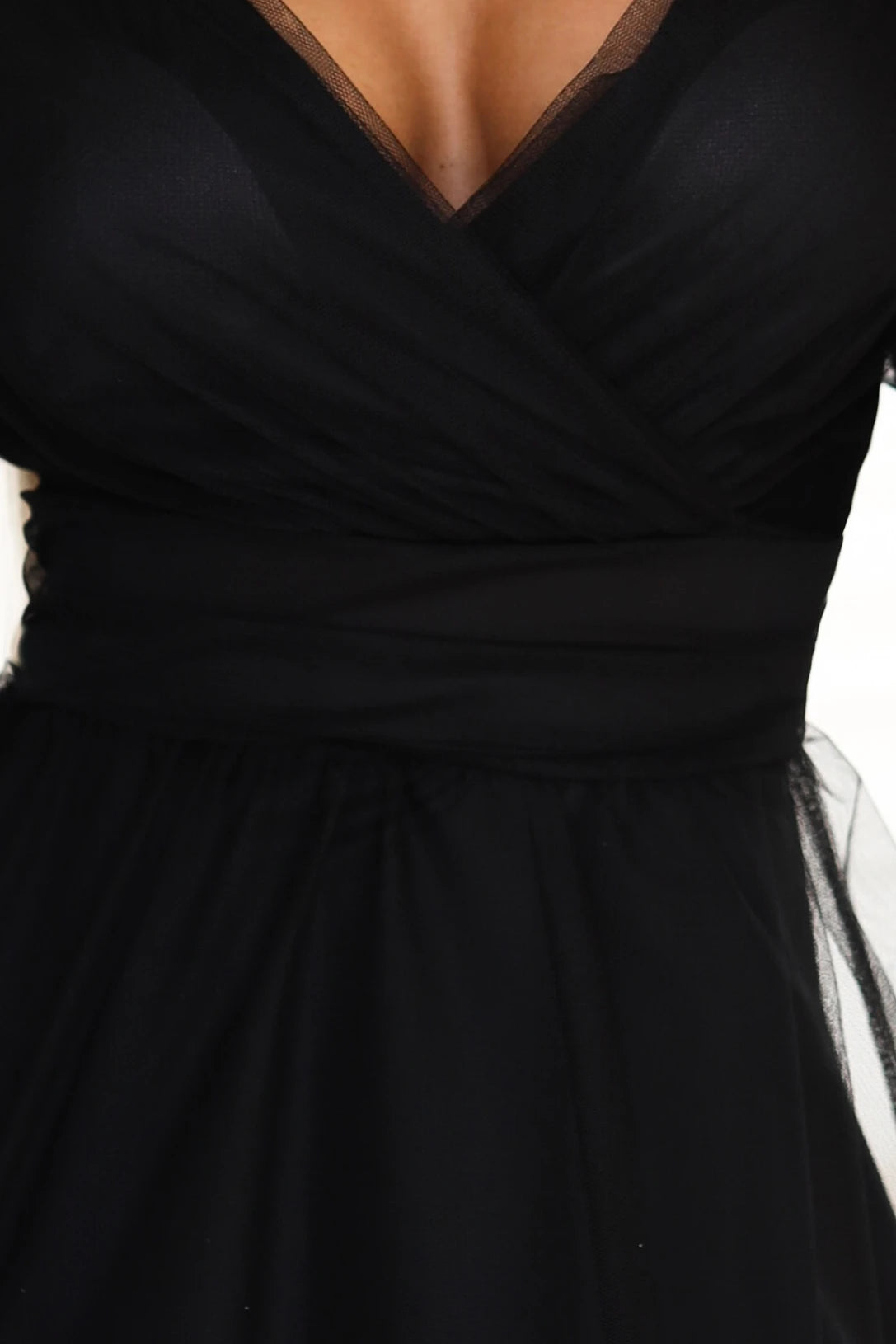 Long Maxi Dress with Tulle Sleeves and Wrap Neckline – Black