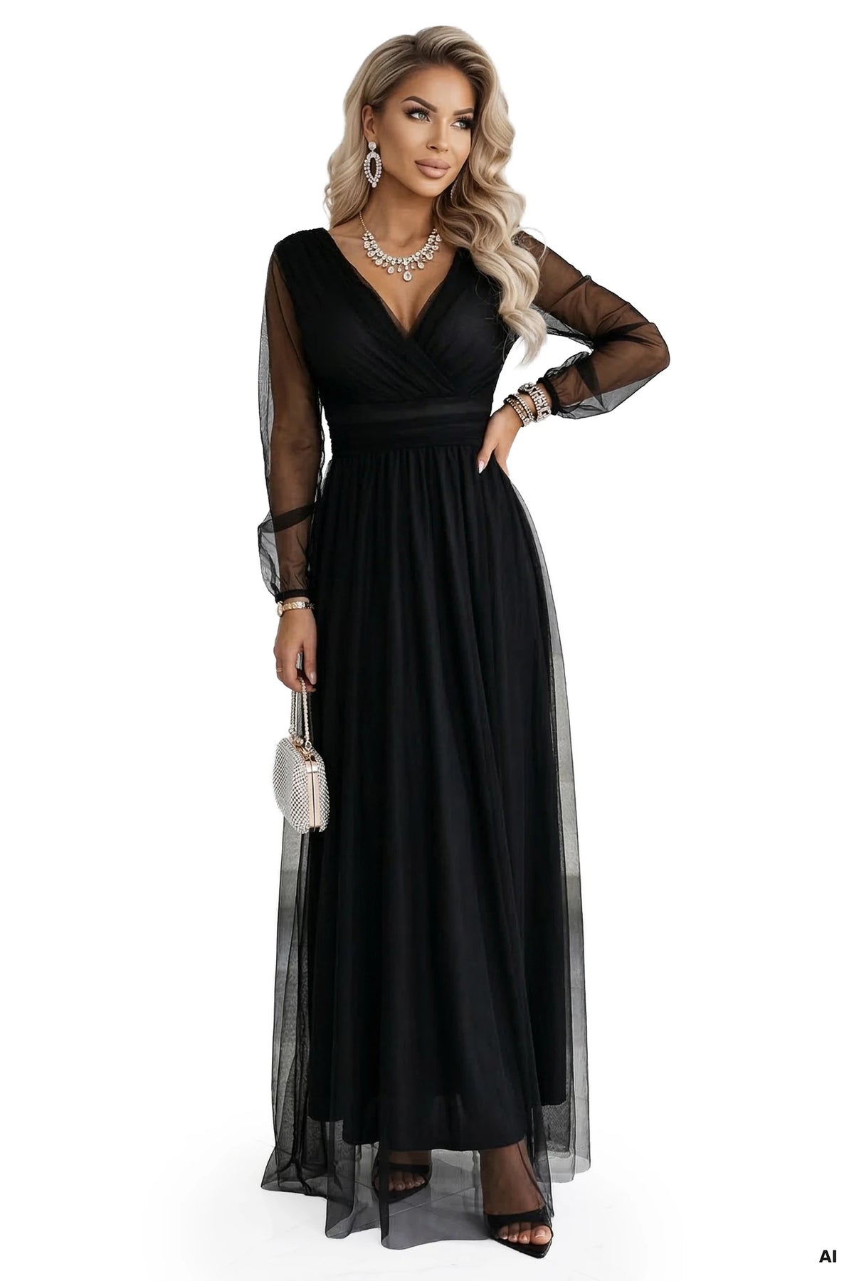Long Maxi Dress with Tulle Sleeves and Wrap Neckline – Black