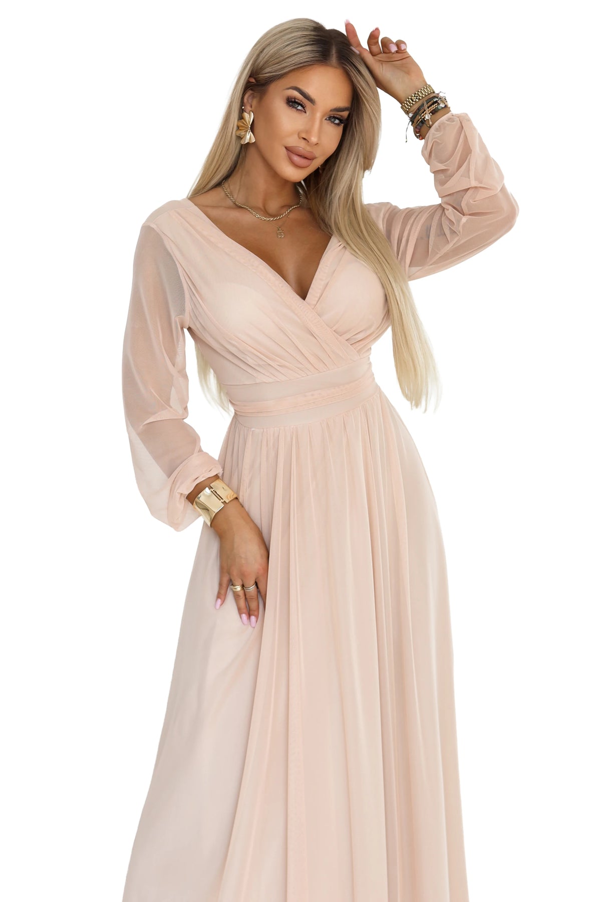 Long maxi dress with tulle sleeves and a wrap neckline – Peach
