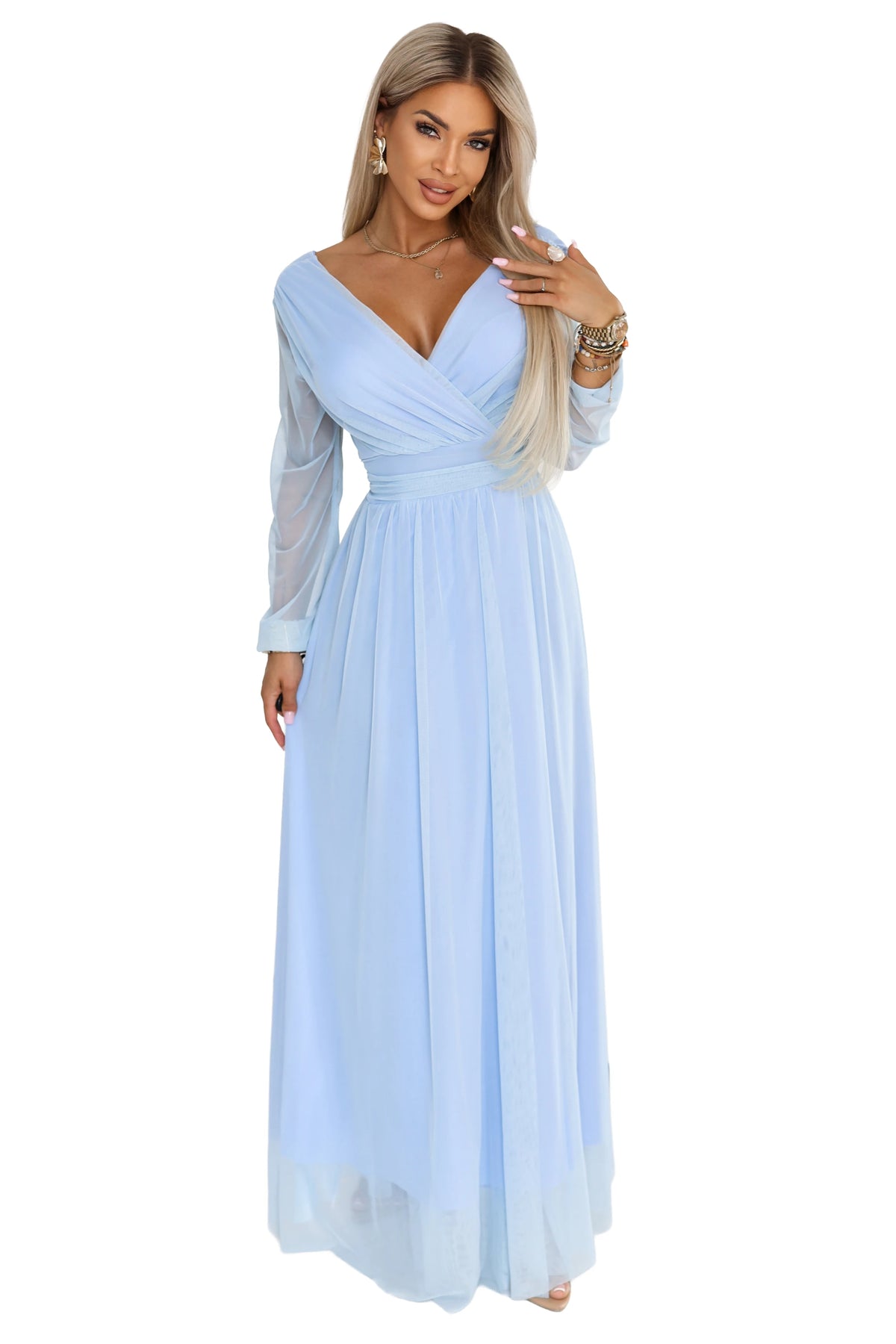 Long maxi dress with tulle sleeves and a wrap neckline – Sky Blue