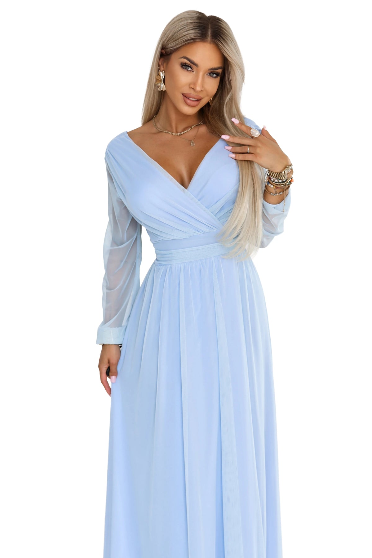 Long maxi dress with tulle sleeves and a wrap neckline – Sky Blue