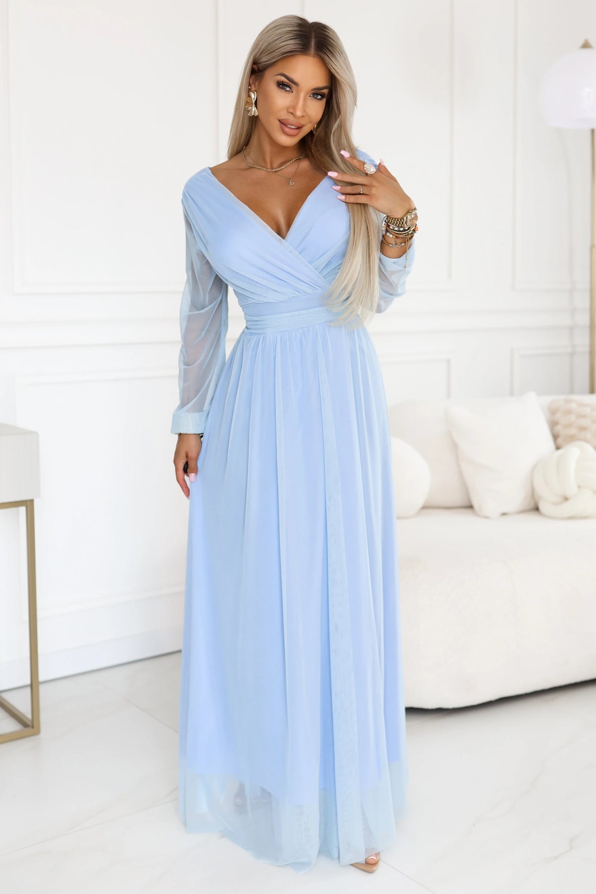 Long maxi dress with tulle sleeves and a wrap neckline – Sky Blue
