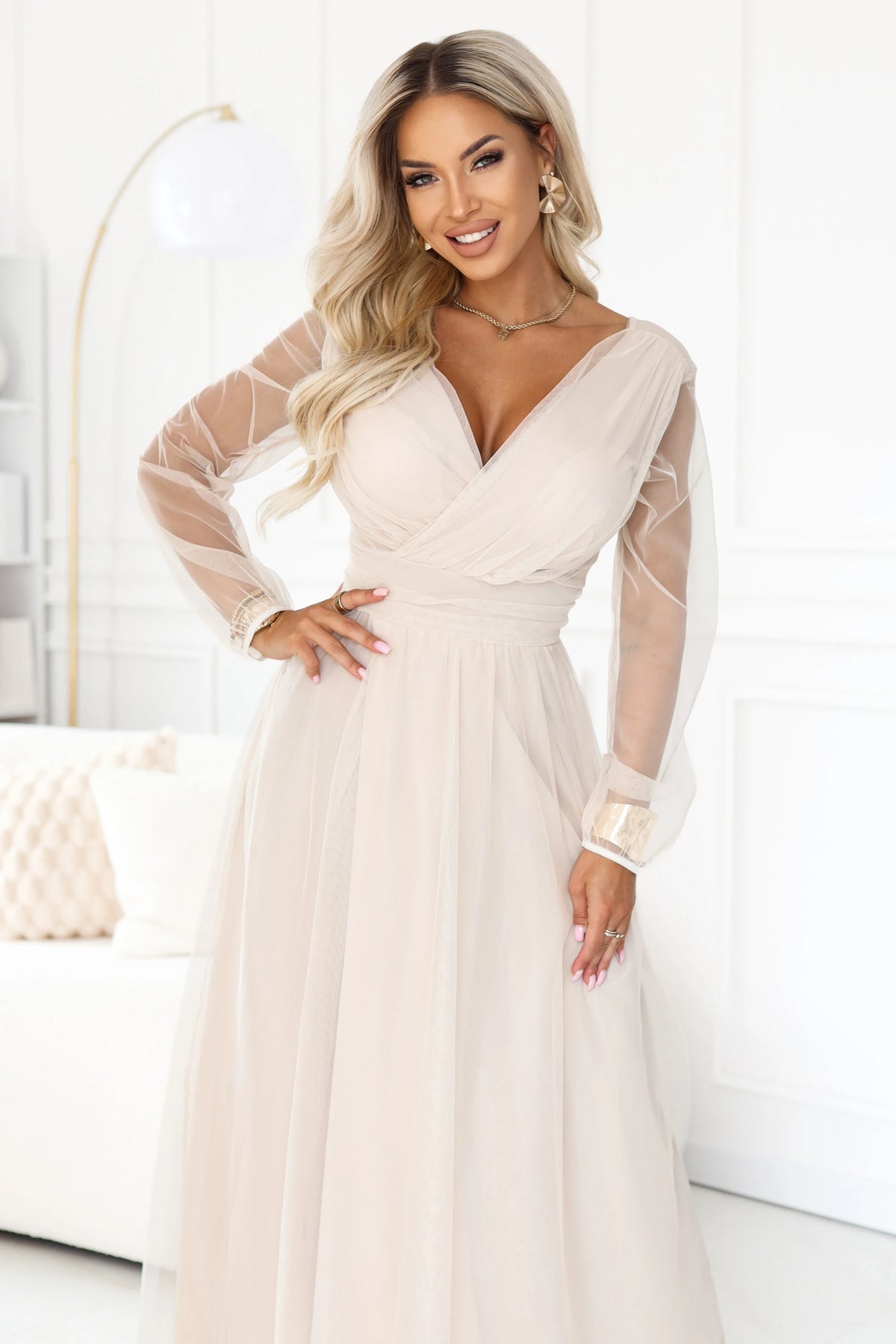 Long maxi dress with tulle sleeves and a wrap neckline – Beige