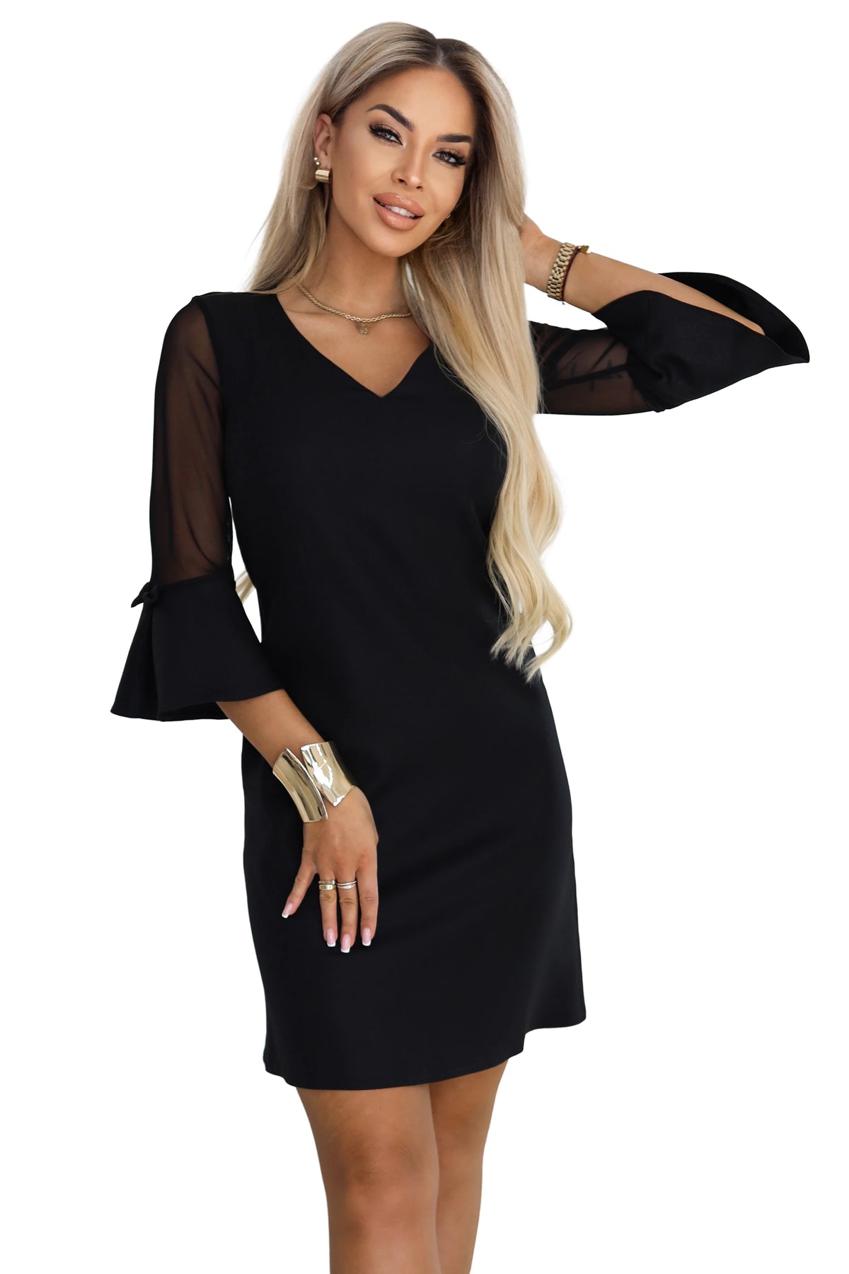 A-Line Glitter Dress with Tulle Sleeves and V-Neckline – Black