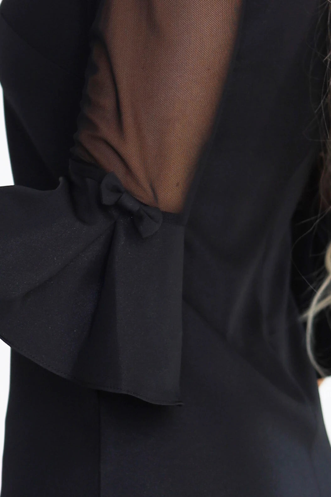 A-Line Glitter Dress with Tulle Sleeves and V-Neckline – Black