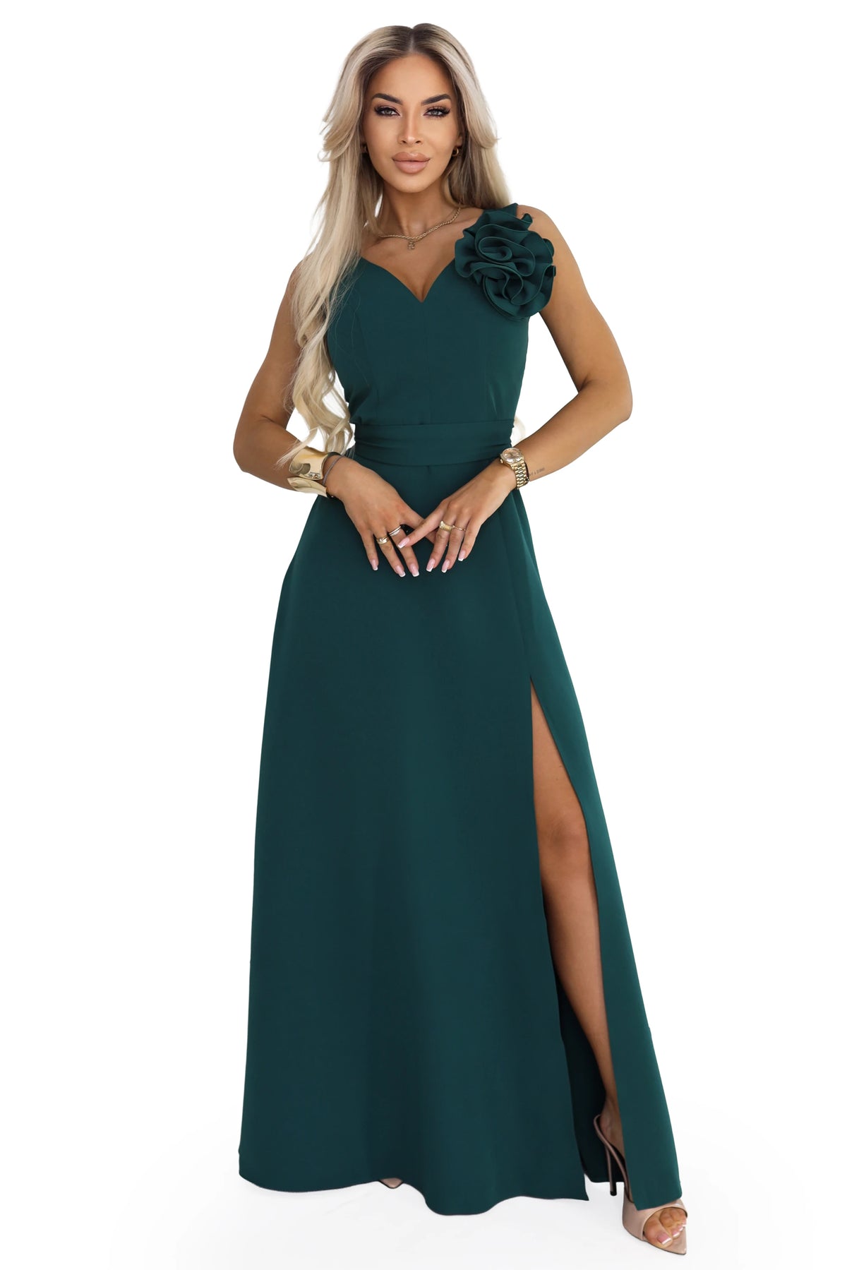 Romantic maxi dress with a flower on the shoulder and a slit – Bottle Green