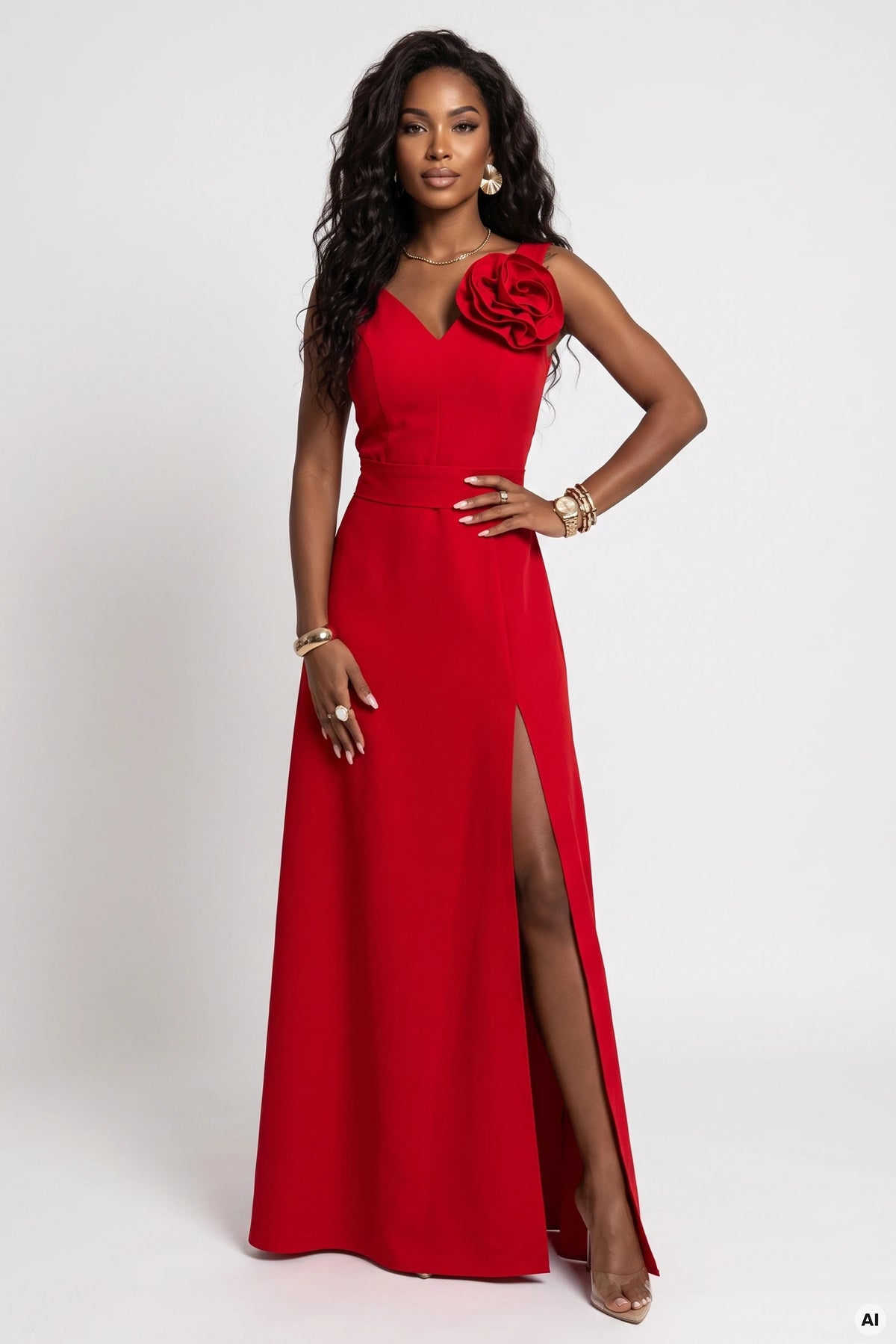 Romantic maxi dress with a flower on the shoulder and a slit – Red