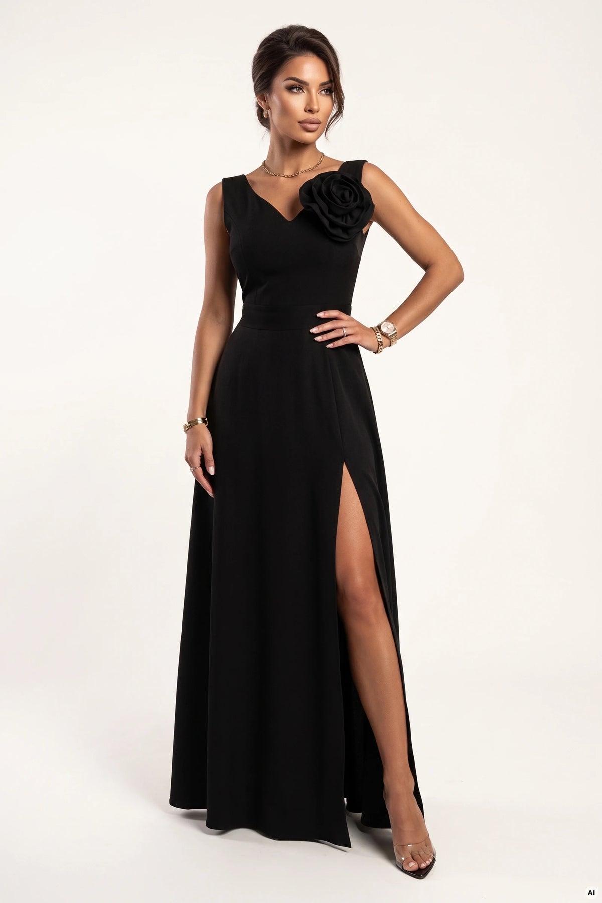 Romantic maxi dress with a shoulder flower and a slit – Classic Black