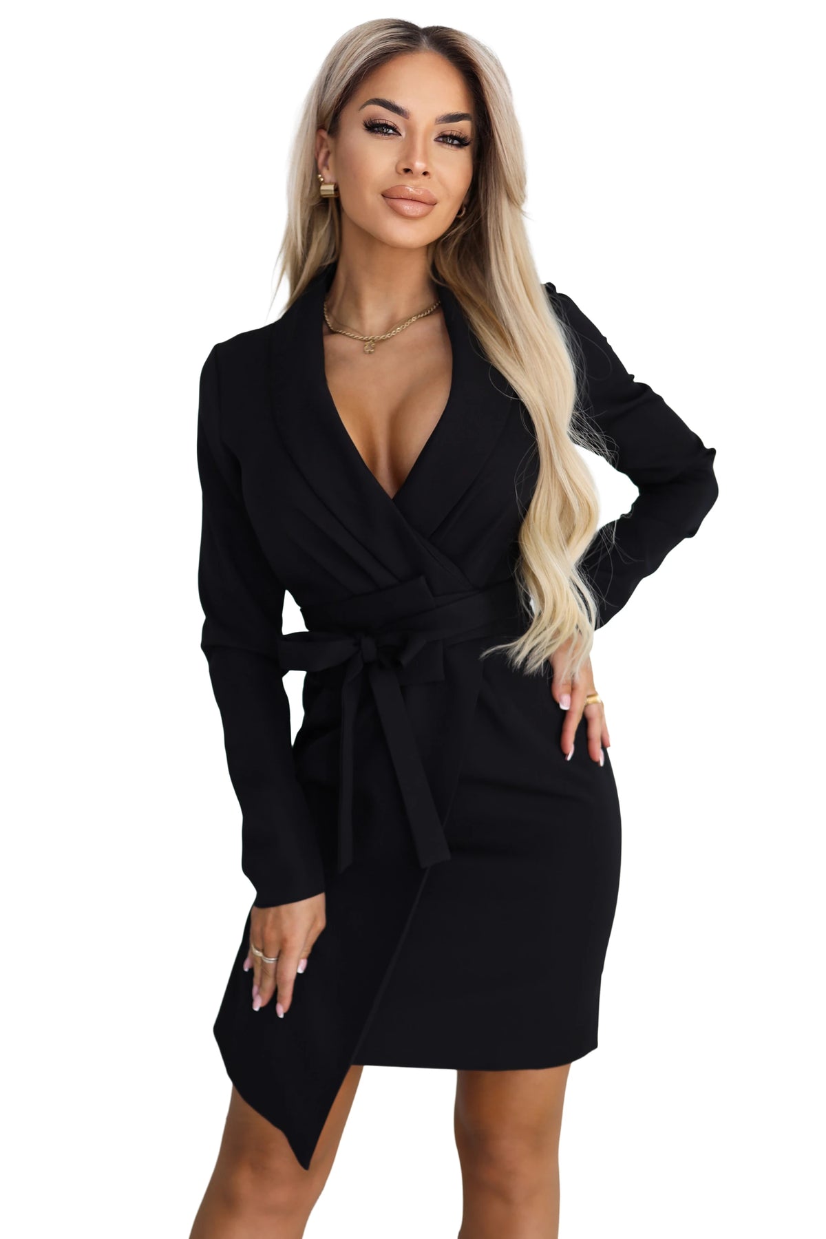 Elegant Blazer Dress with Belt and Asymmetric Hem – Black