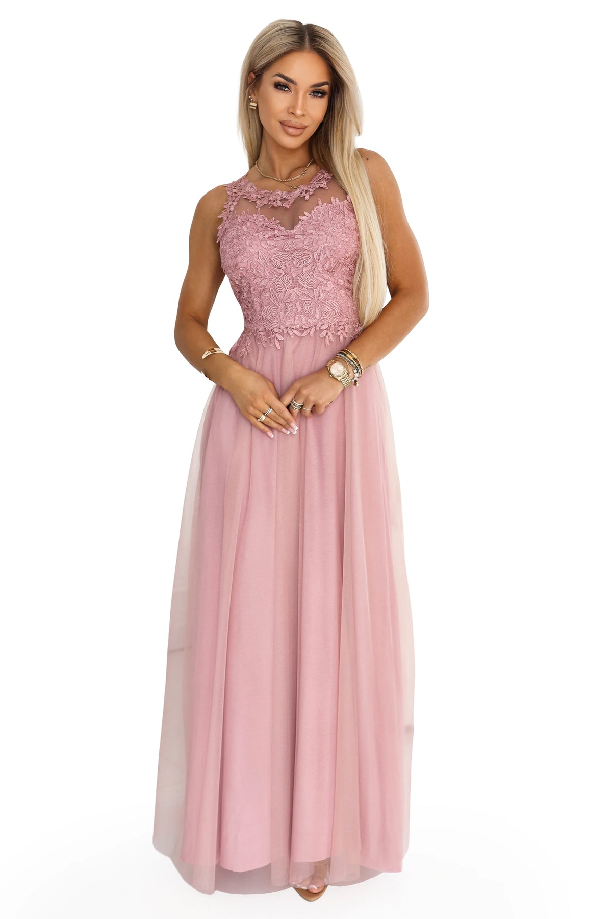 Romantic maxi wedding dress with embroidered lace and tulle – Powder Pink