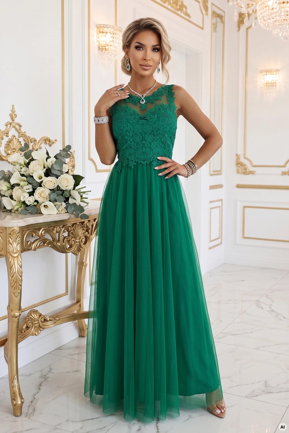 Romantic maxi wedding dress with embroidered lace and tulle – Green