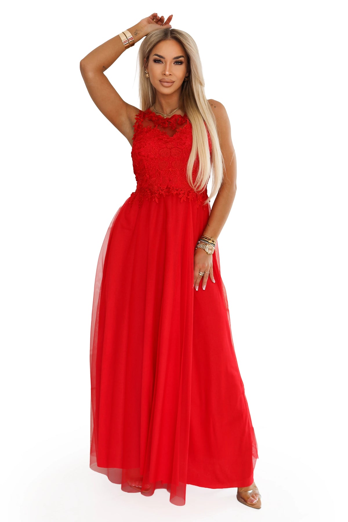 Romantic maxi wedding dress with embroidered lace and tulle – Red