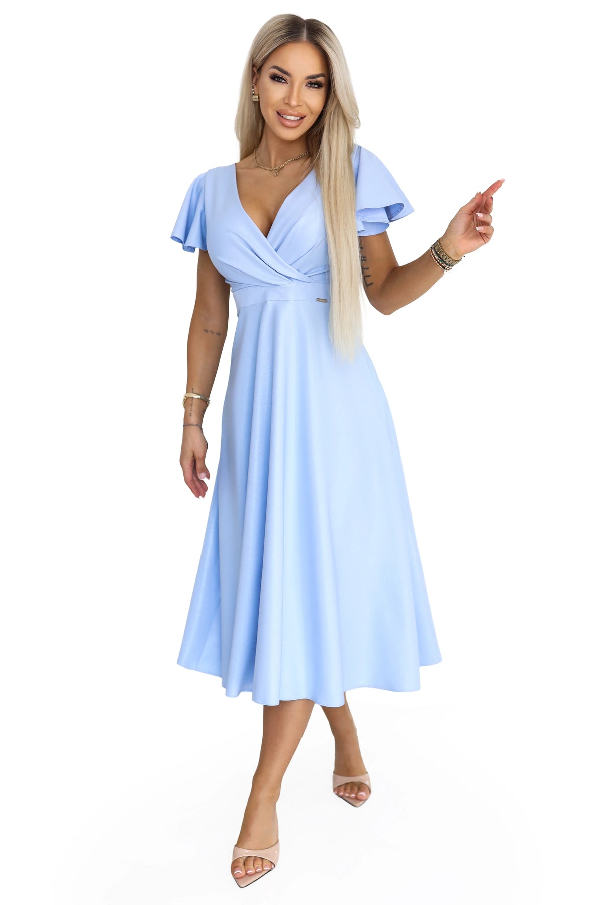 Flared midi dress with a wrap neckline and glitter sheen – Sky Blue