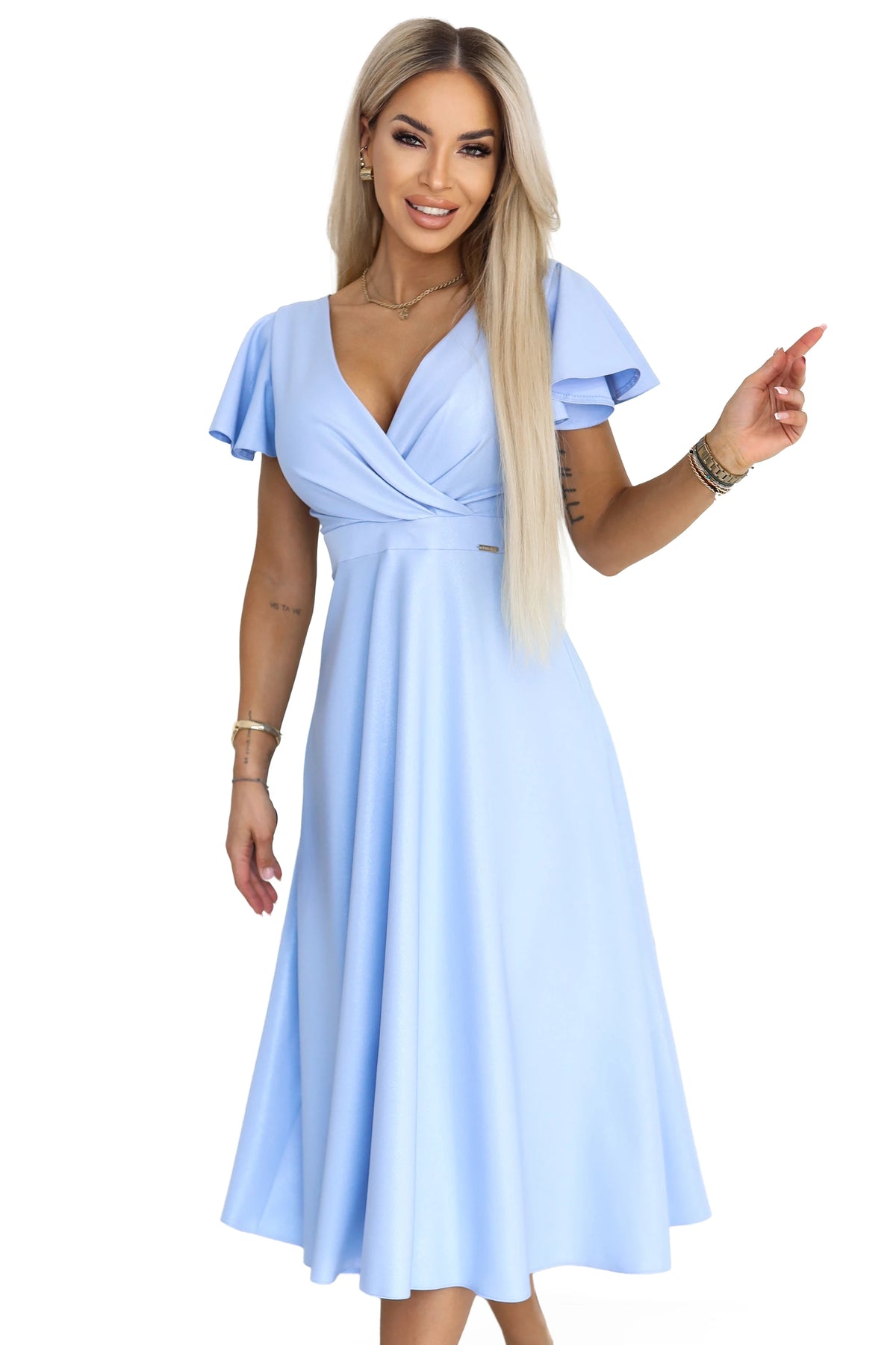 Flared midi dress with a wrap neckline and glitter sheen – Sky Blue