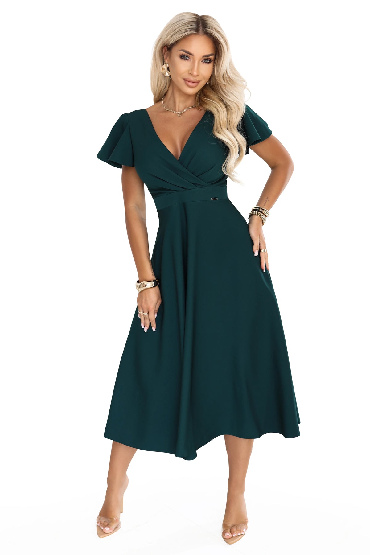 Flared midi dress with a wrap neckline and short sleeve – Green