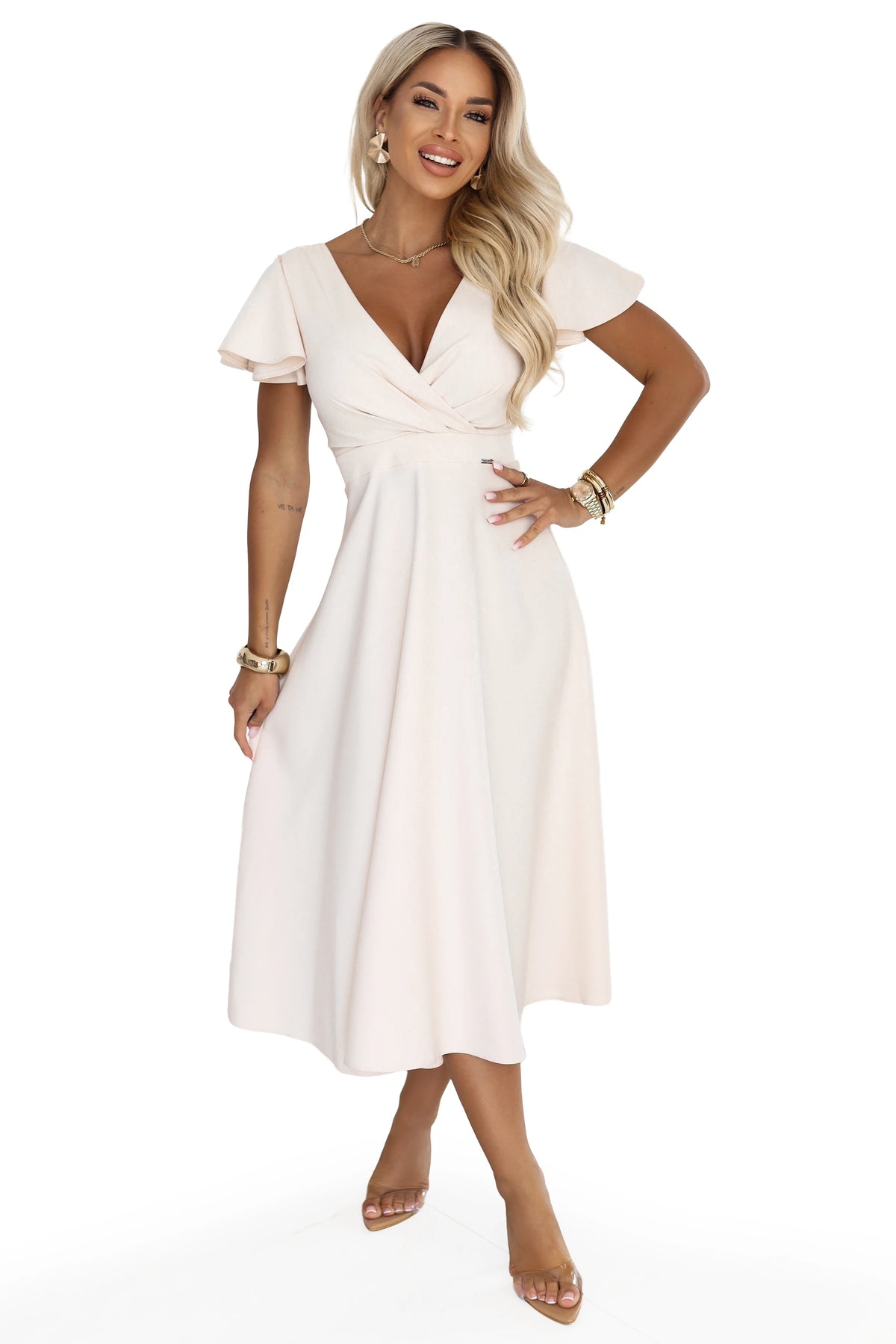 Flared midi dress with a wrap neckline and short sleeve – Beige