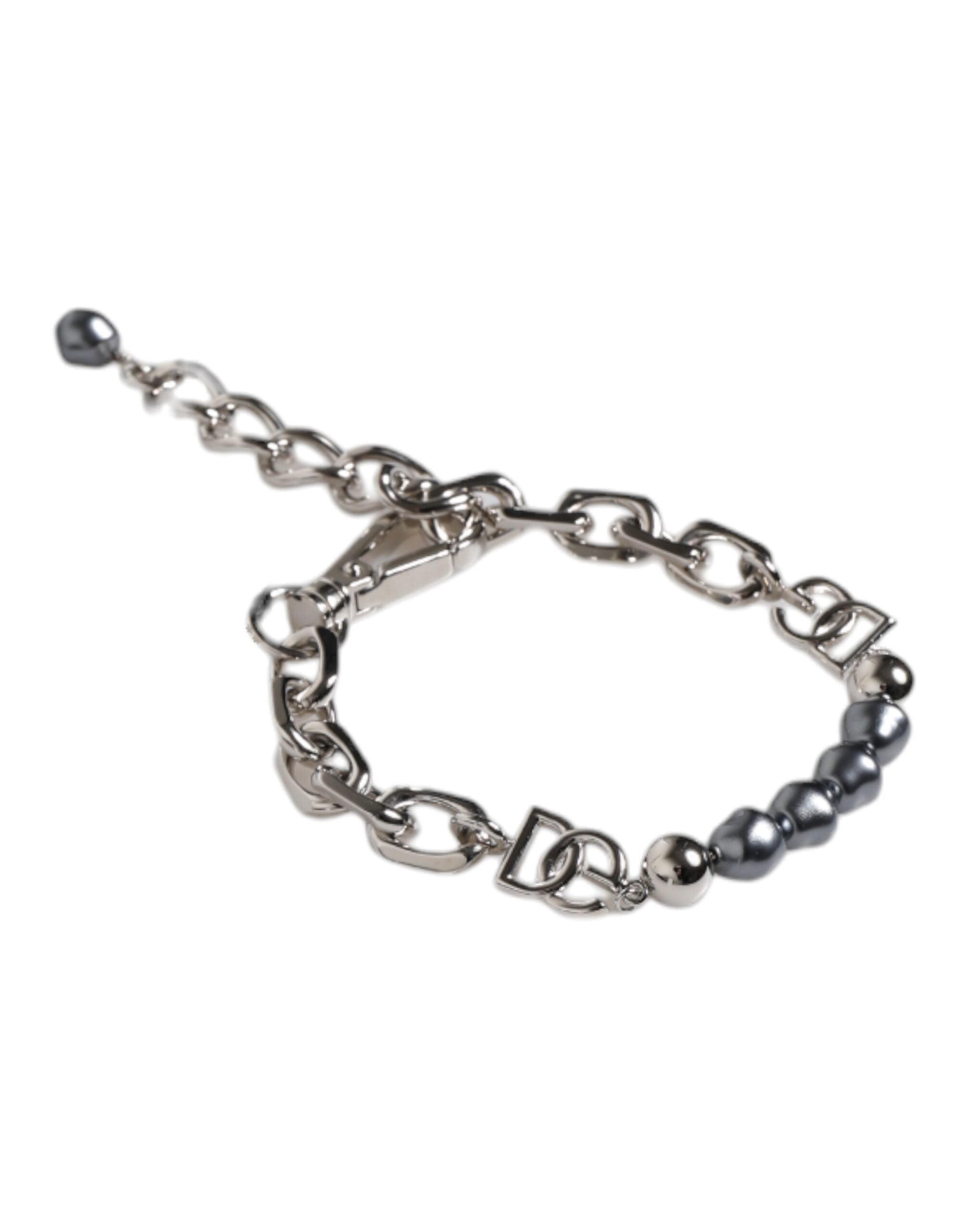 Silver Tone Chain Lobster Clasp Logo Gray Pearls Bracelet