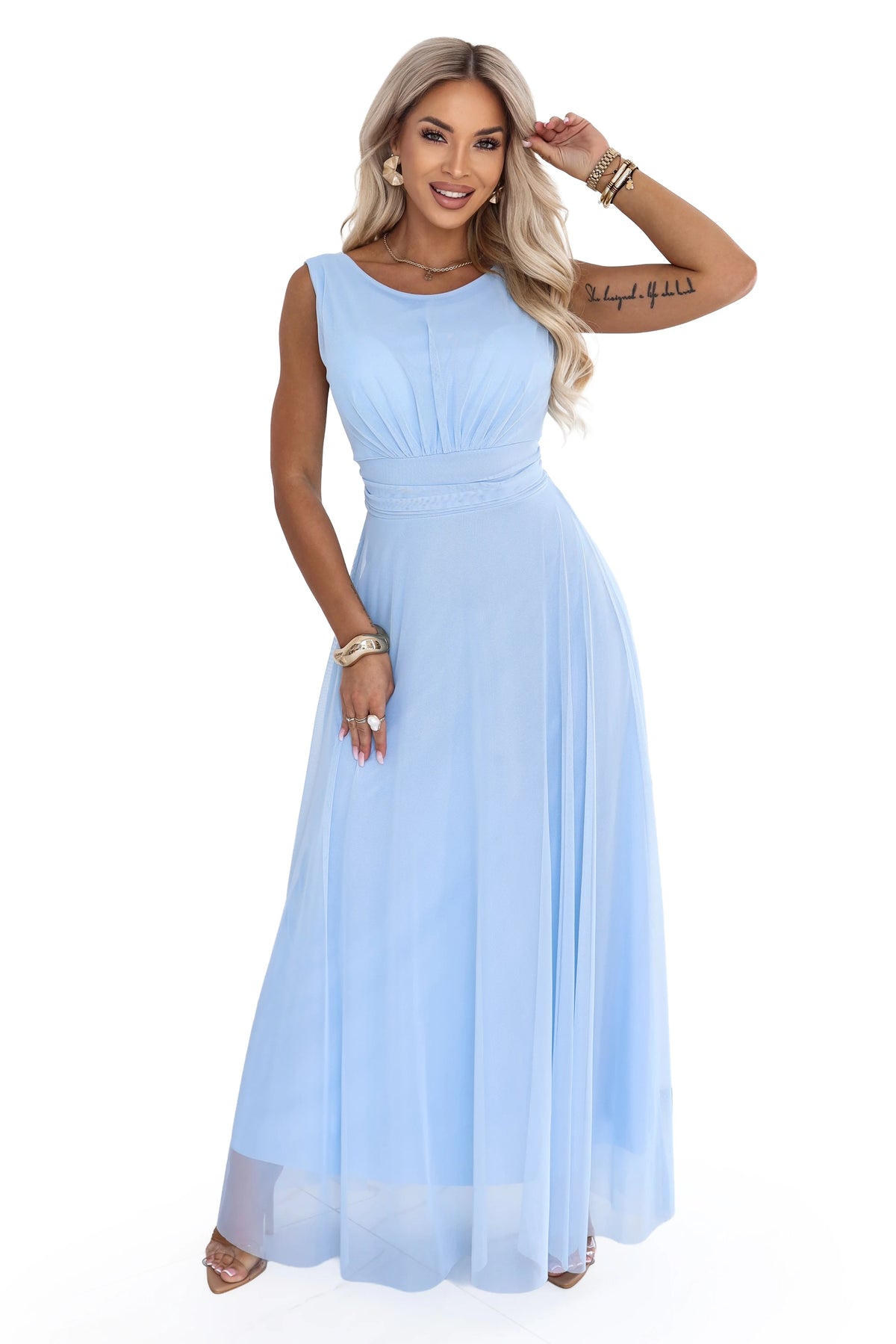 ELIRA Long tulle maxi dress with a round neckline – Sky Blue