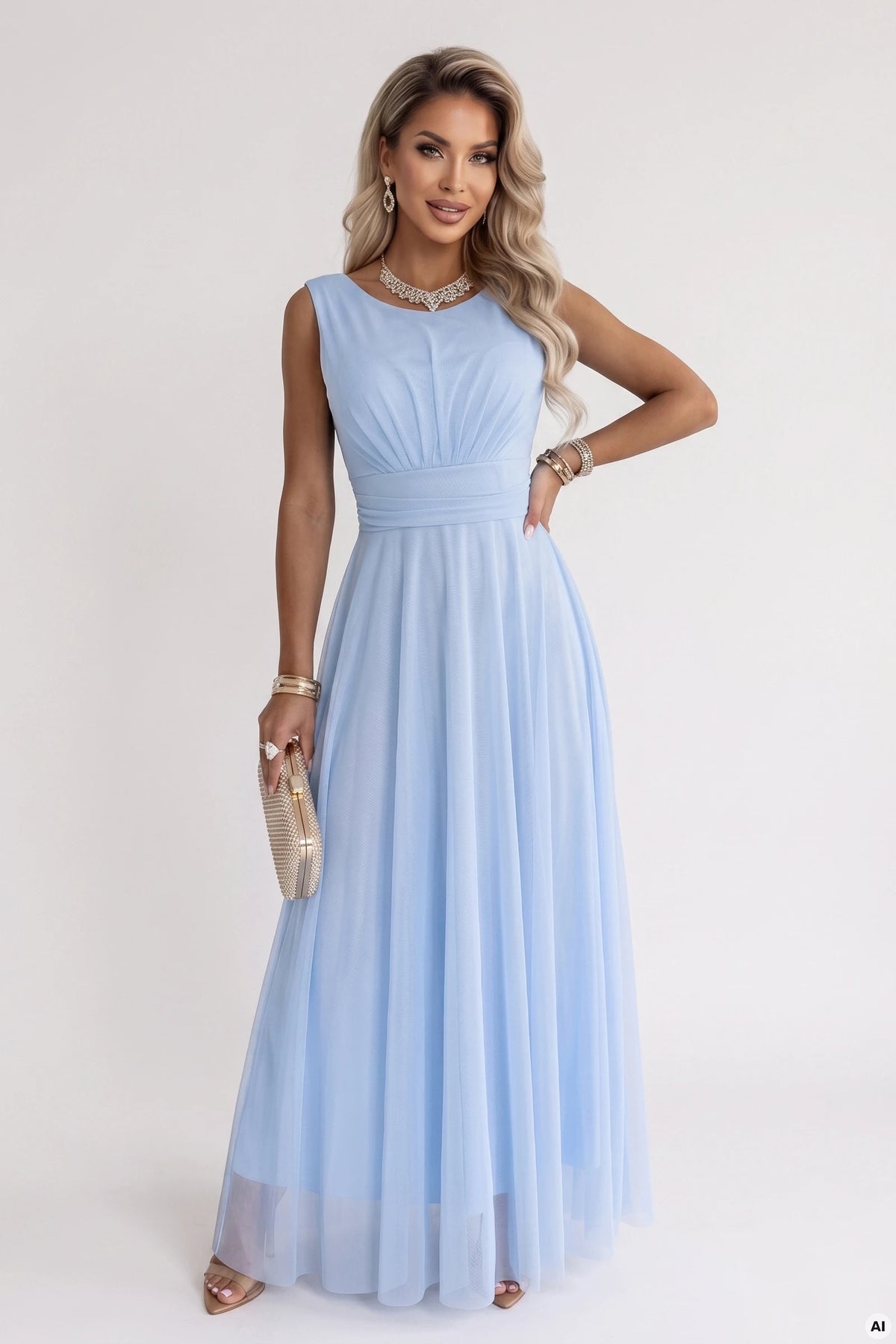 ELIRA Long tulle maxi dress with a round neckline – Sky Blue