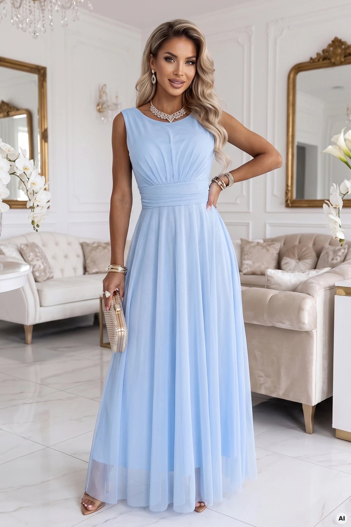 ELIRA Long tulle maxi dress with a round neckline – Sky Blue