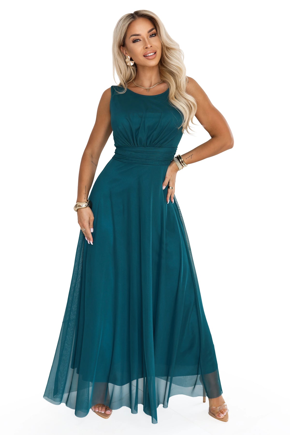 ELIRA Long tulle maxi dress with round neckline – Bottle Green