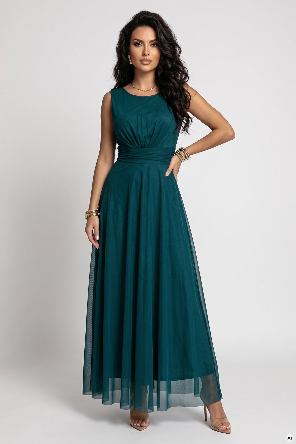 ELIRA Long tulle maxi dress with round neckline – Bottle Green
