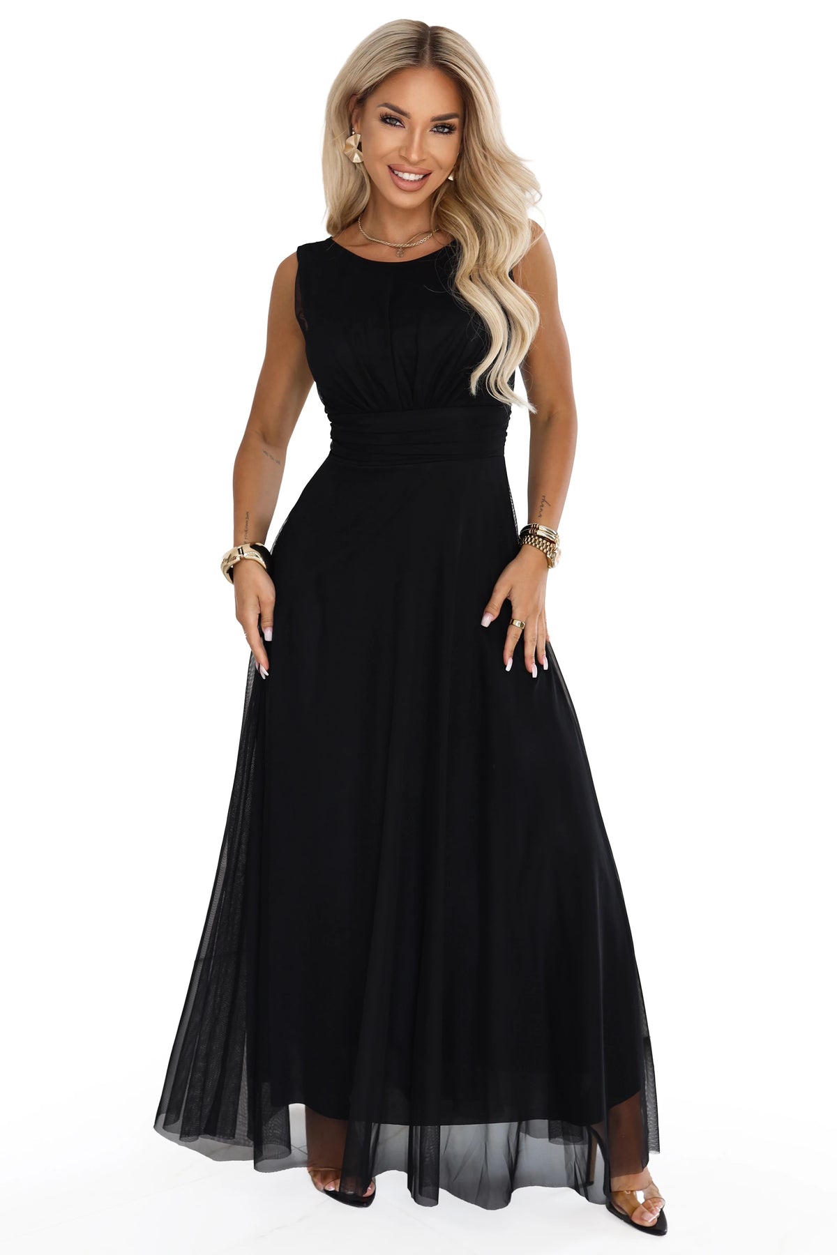 ELIRA Long tulle maxi dress with round neckline – Black