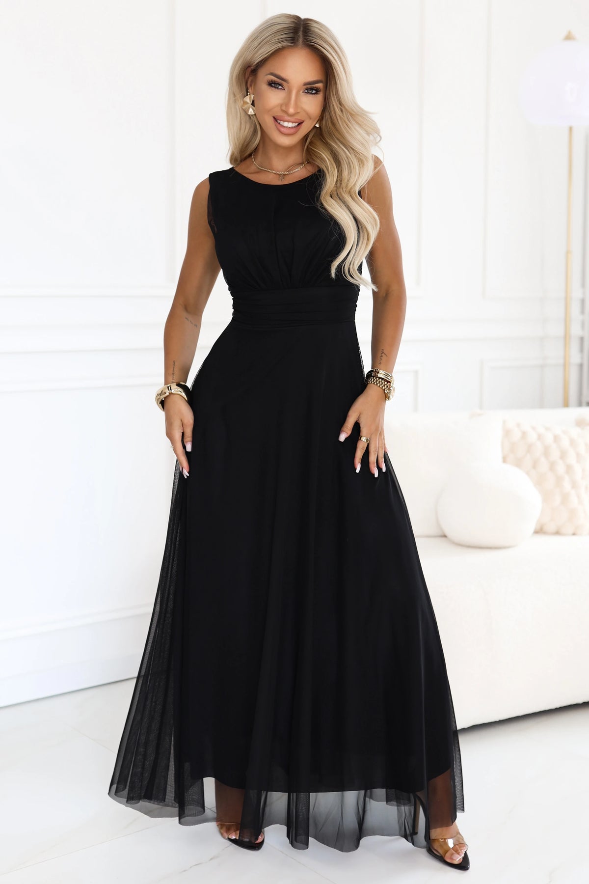 ELIRA Long tulle maxi dress with round neckline – Black