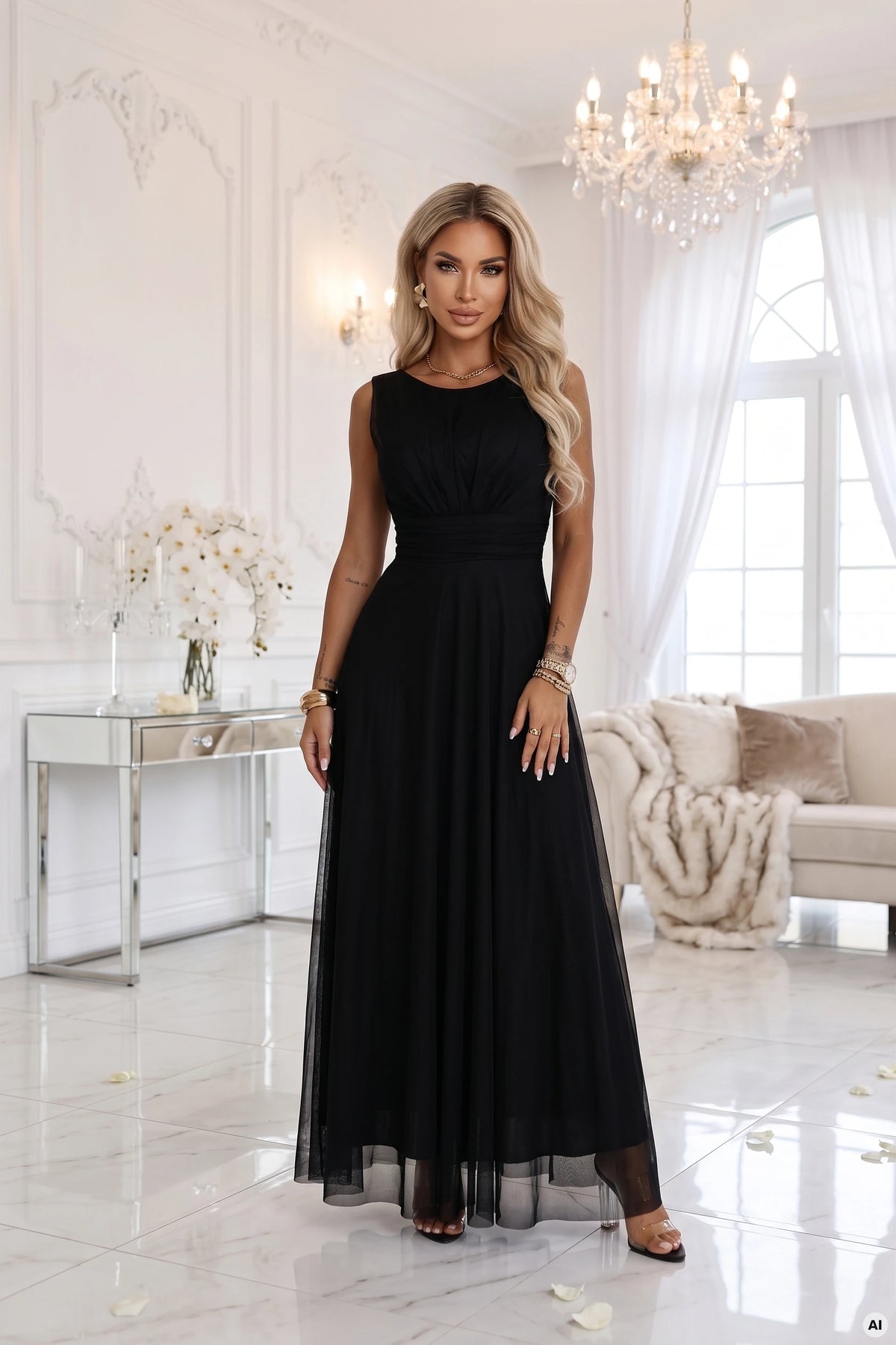 ELIRA Long tulle maxi dress with round neckline – Black