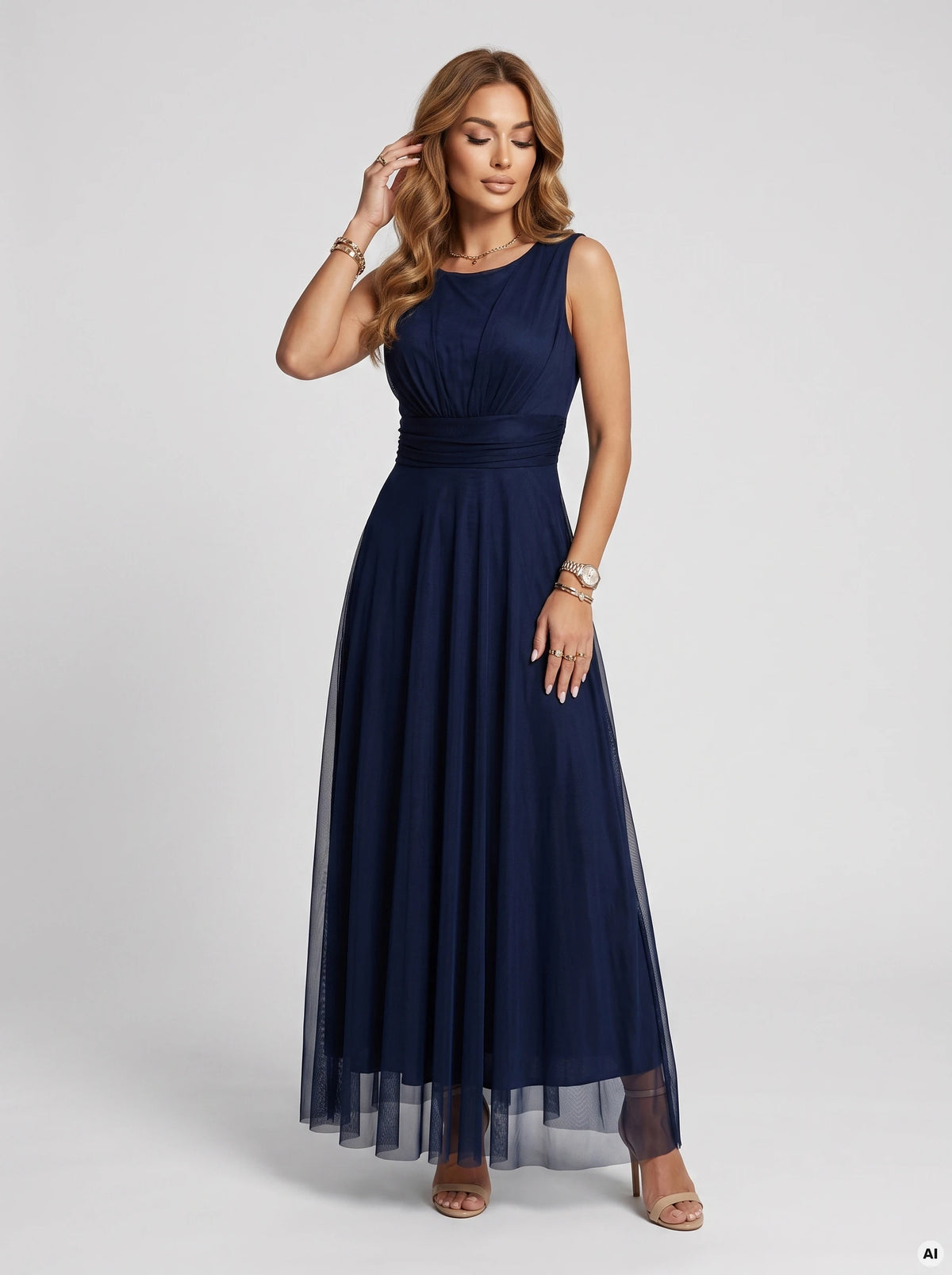 ELIRA Long tulle maxi dress with a round neckline – Navy Blue