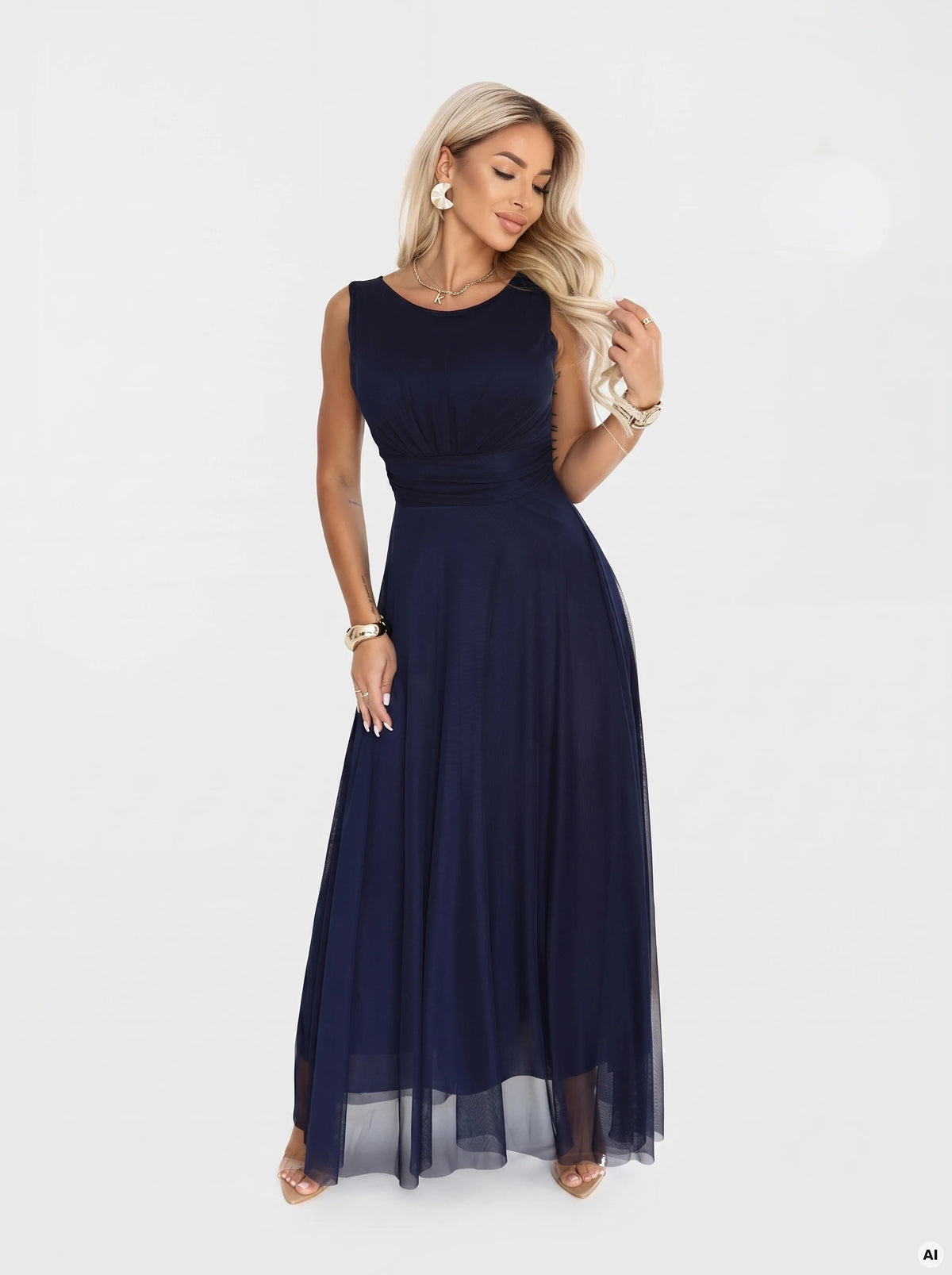 ELIRA Long tulle maxi dress with a round neckline – Navy Blue
