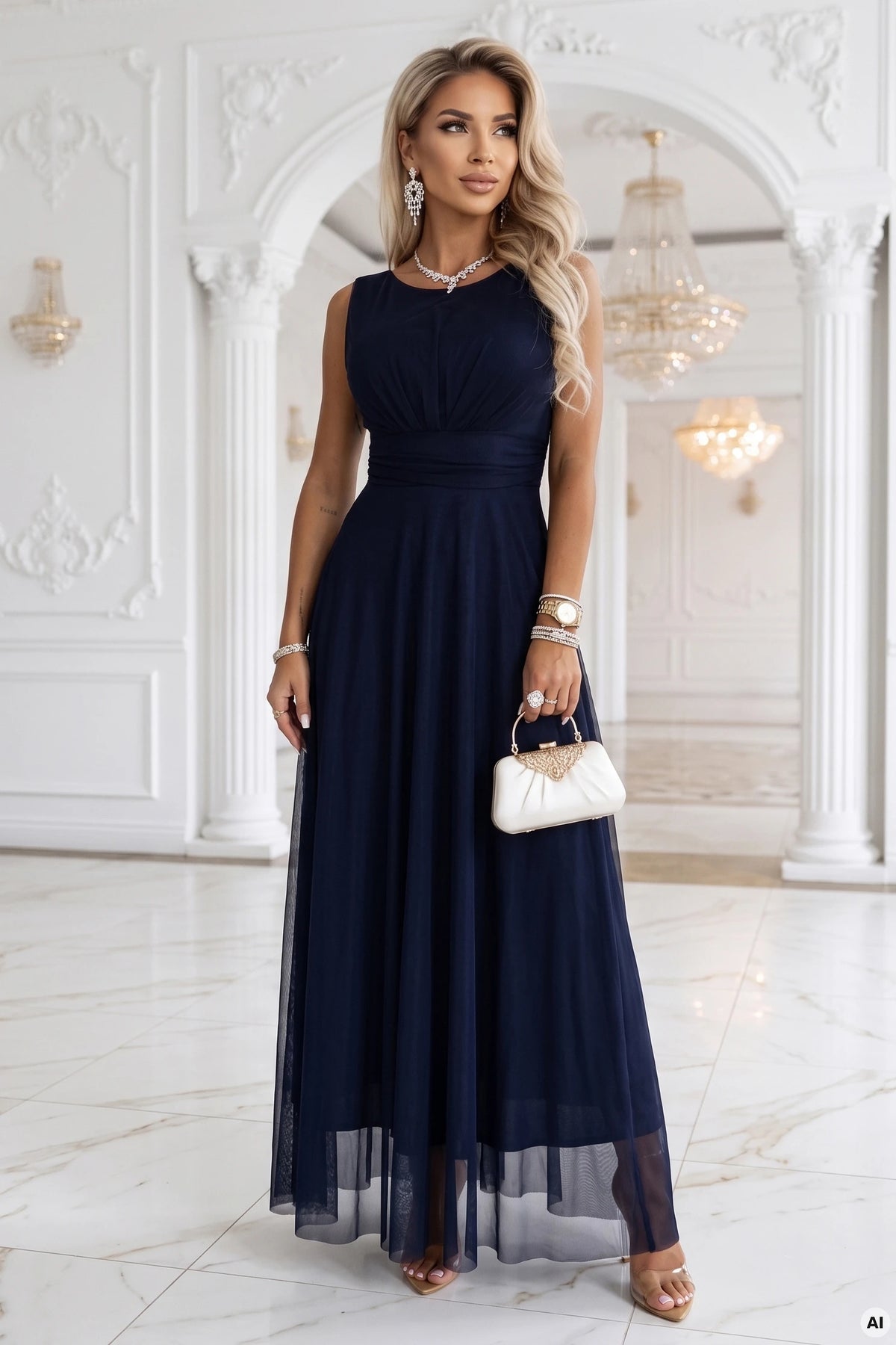 ELIRA Long tulle maxi dress with a round neckline – Navy Blue