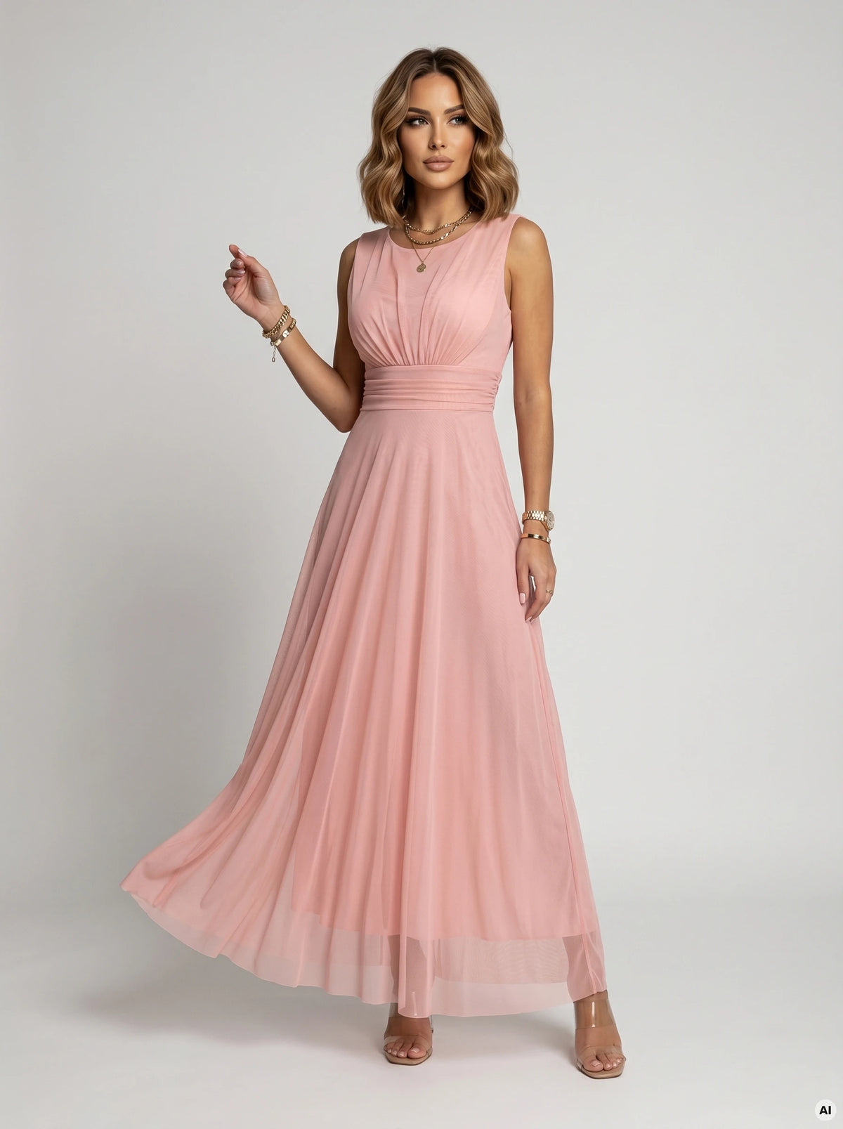 ELIRA Long tulle maxi dress with a round neckline – Powder Pink