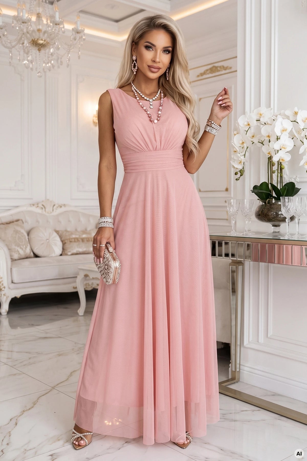 ELIRA Long tulle maxi dress with a round neckline – Powder Pink