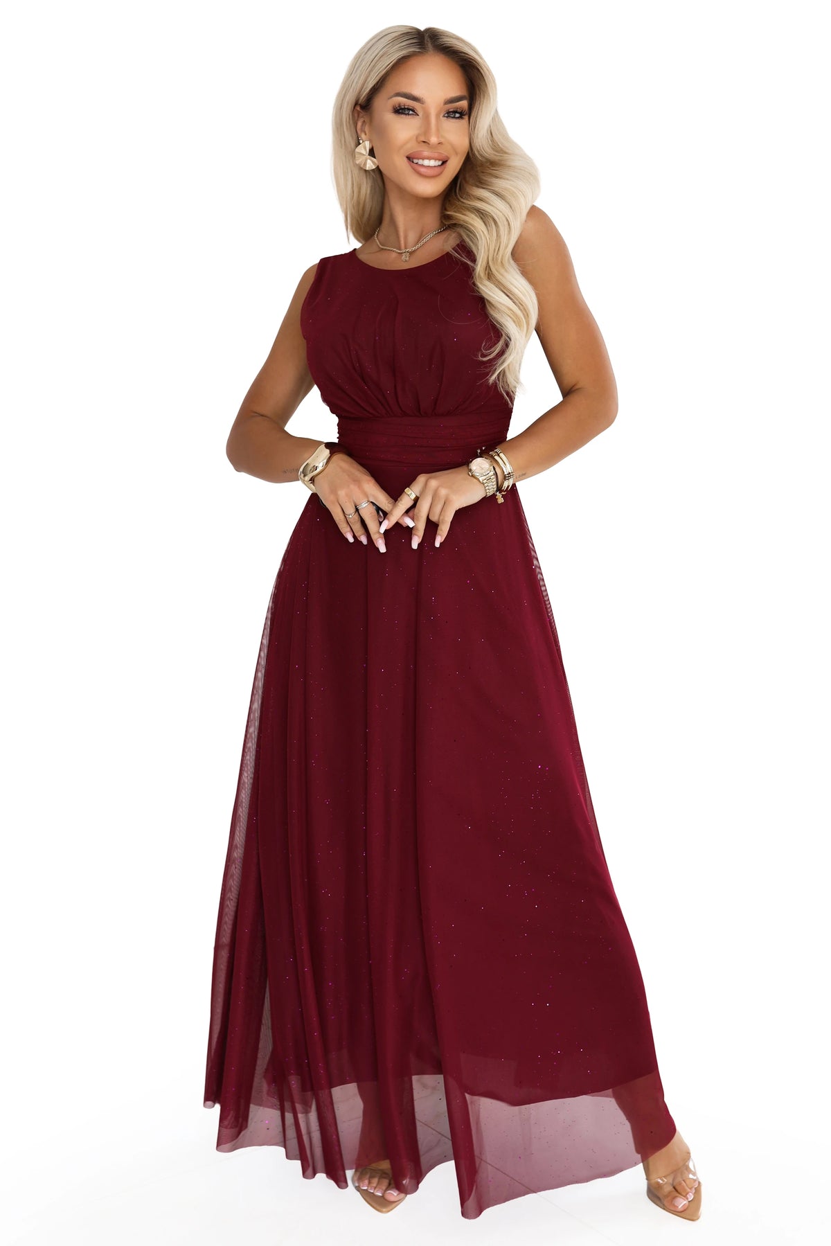 AVELINE Long maxi dress with glitter tulle and round neckline – Burgundy