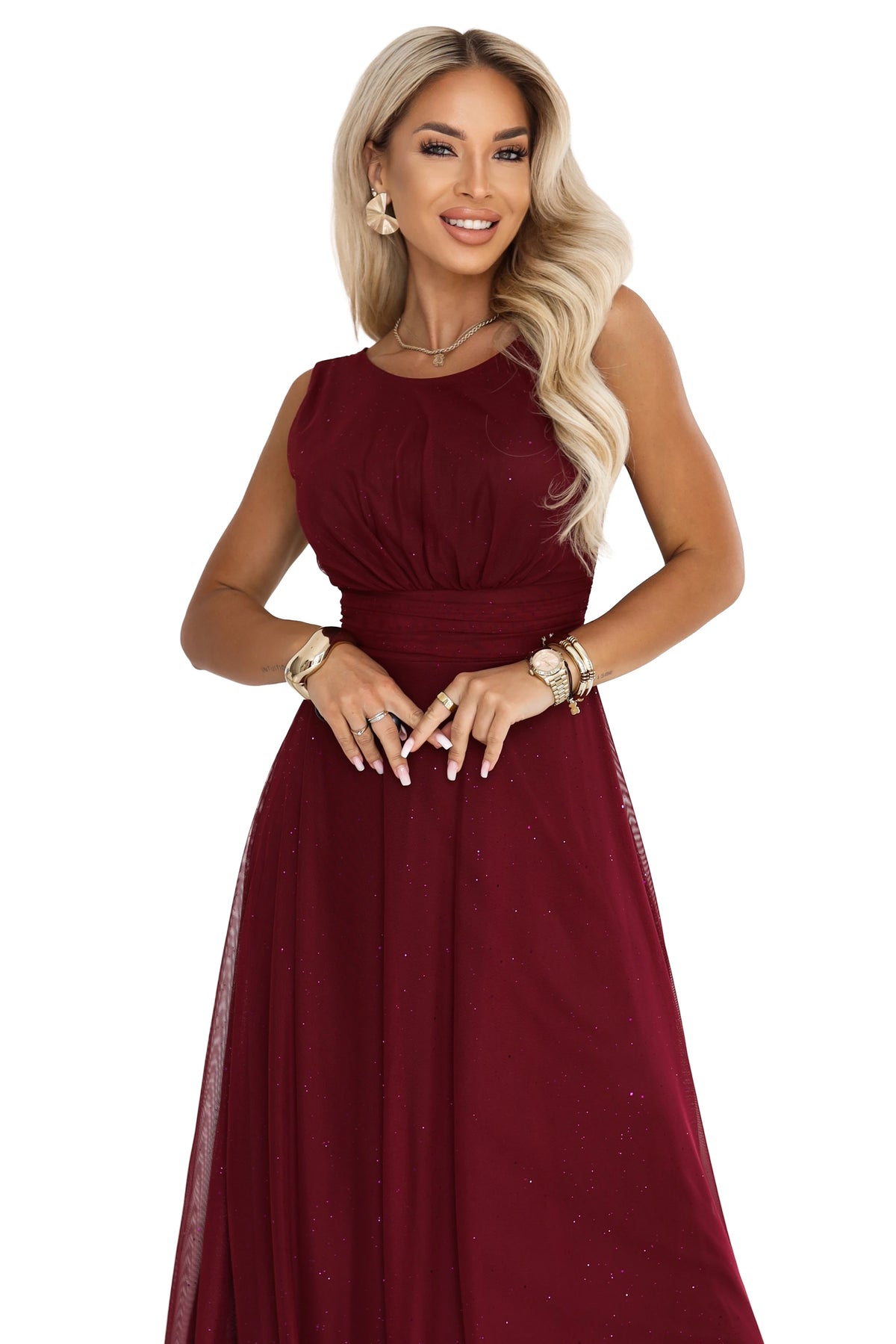 AVELINE Long maxi dress with glitter tulle and round neckline – Burgundy