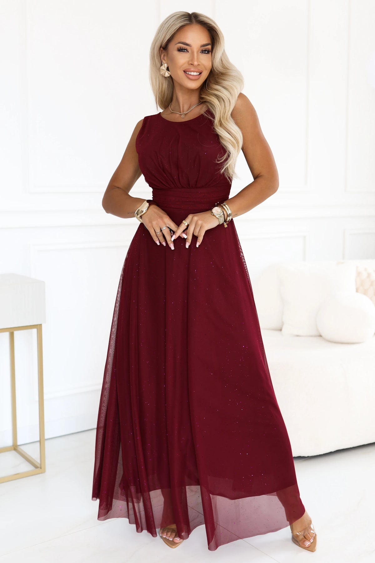 AVELINE Long maxi dress with glitter tulle and round neckline – Burgundy