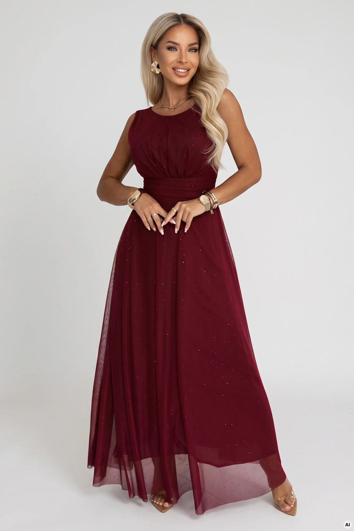 AVELINE Long maxi dress with glitter tulle and round neckline – Burgundy