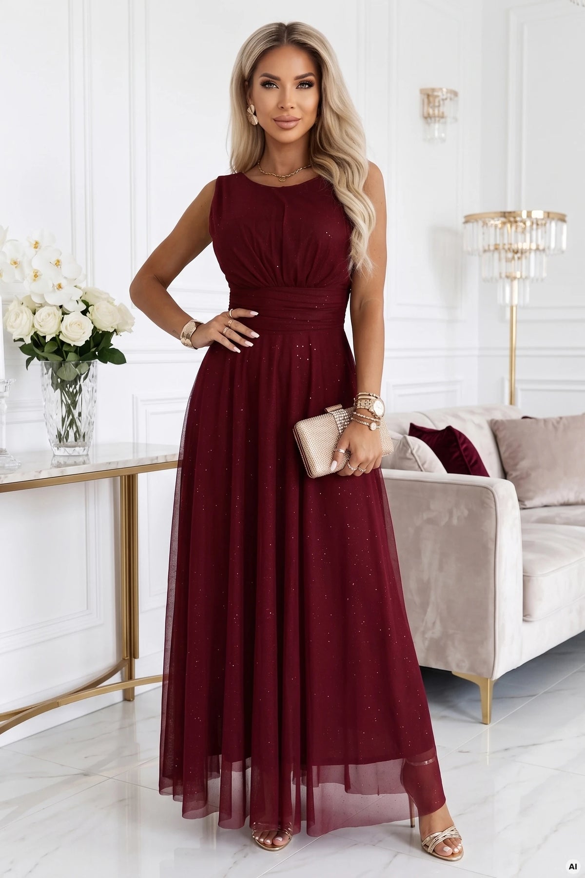 AVELINE Long maxi dress with glitter tulle and round neckline – Burgundy