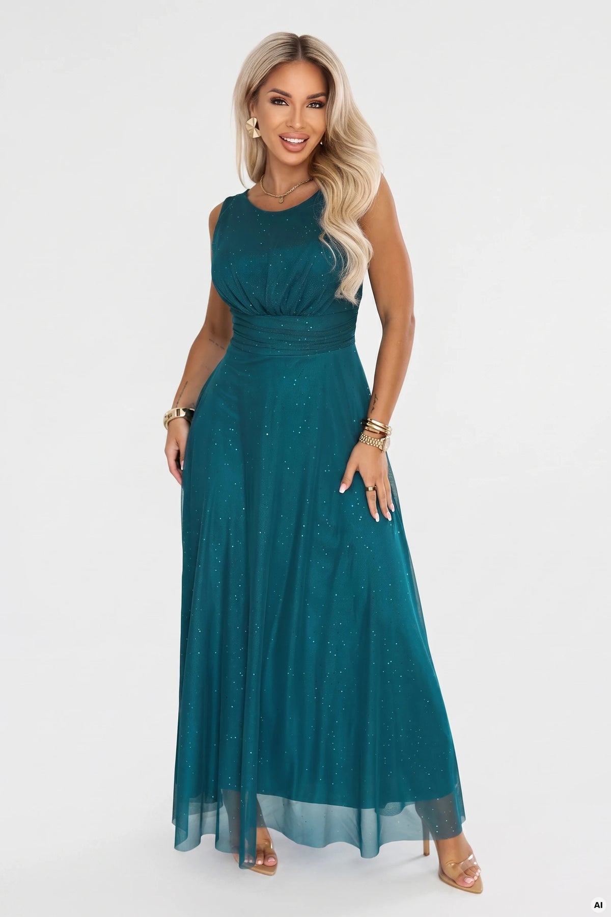 AVELINE Long maxi dress with glitter tulle and a round neckline – Sea Green