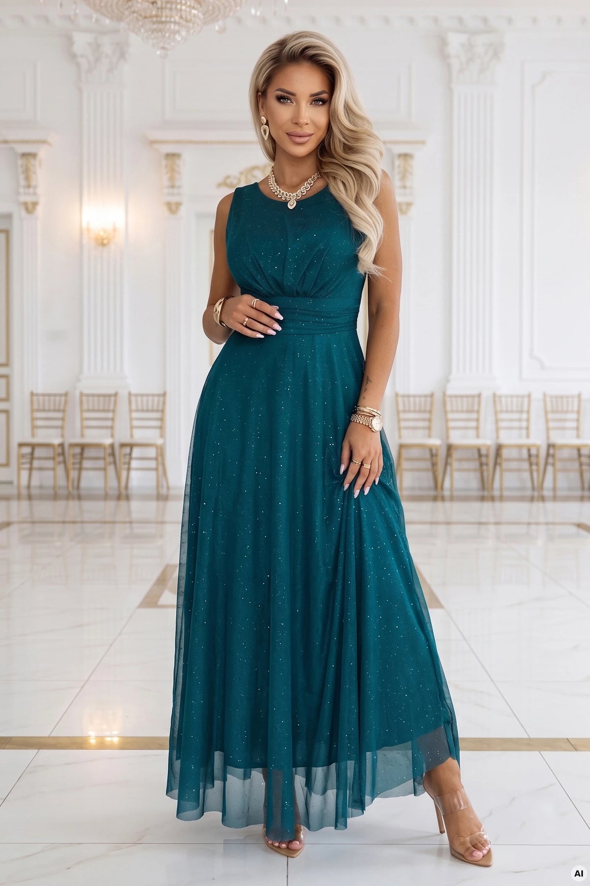AVELINE Long maxi dress with glitter tulle and a round neckline – Sea Green
