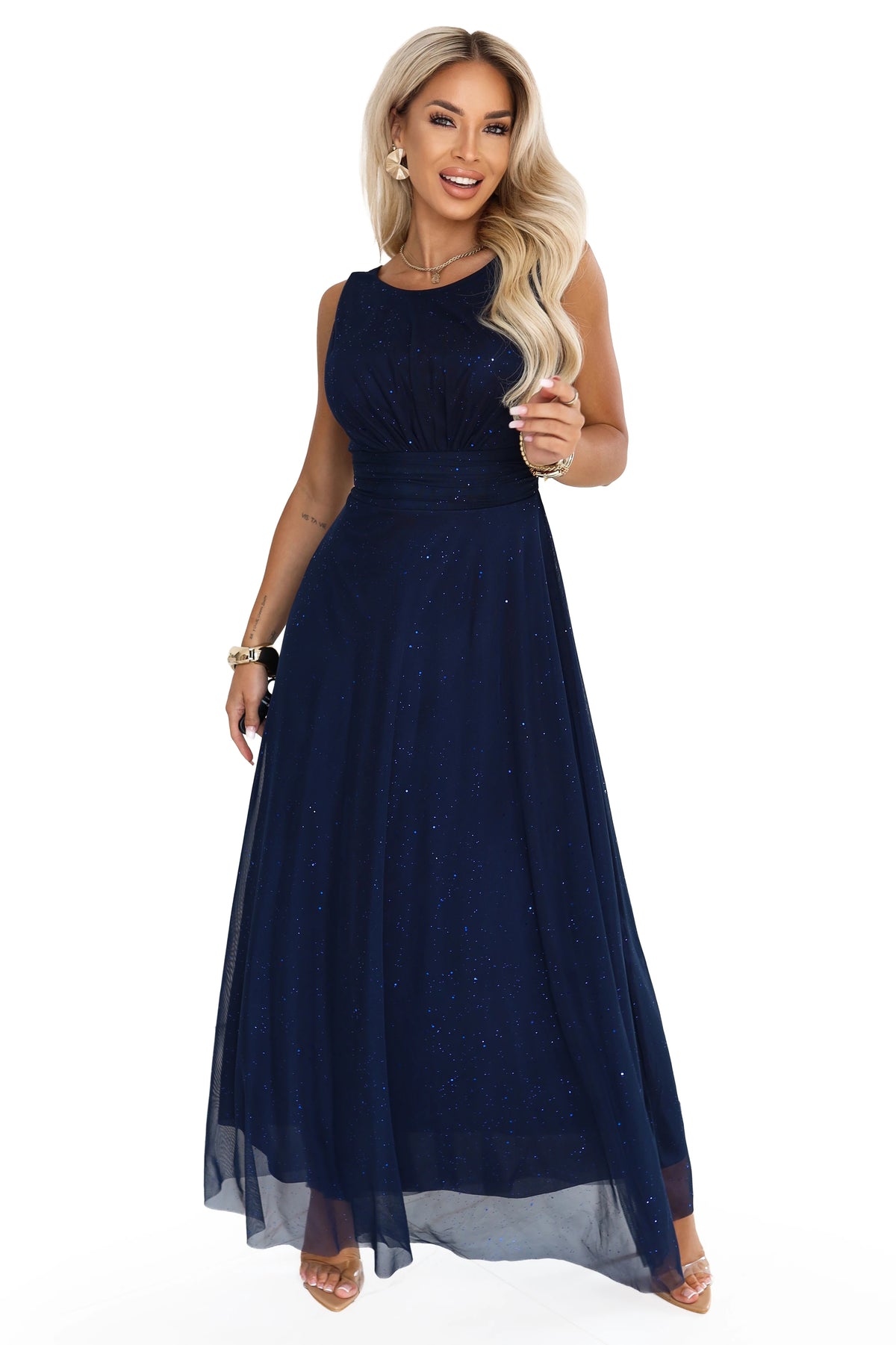 AVELINE Long maxi dress with glitter tulle and a round neckline – Navy Blue