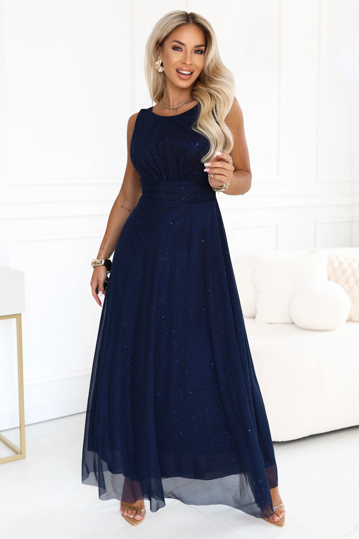 AVELINE Long maxi dress with glitter tulle and a round neckline – Navy Blue