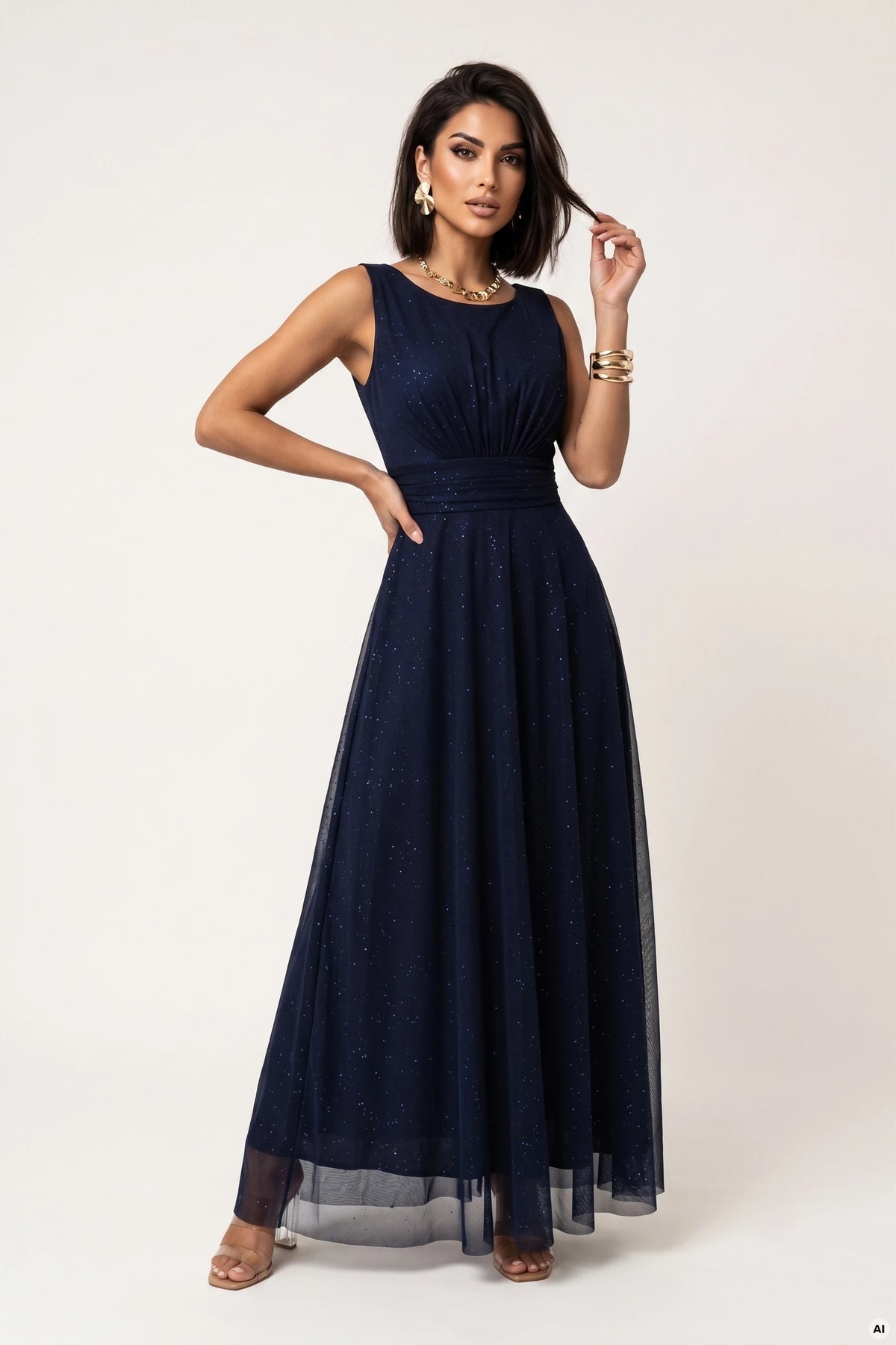 AVELINE Long maxi dress with glitter tulle and a round neckline – Navy Blue