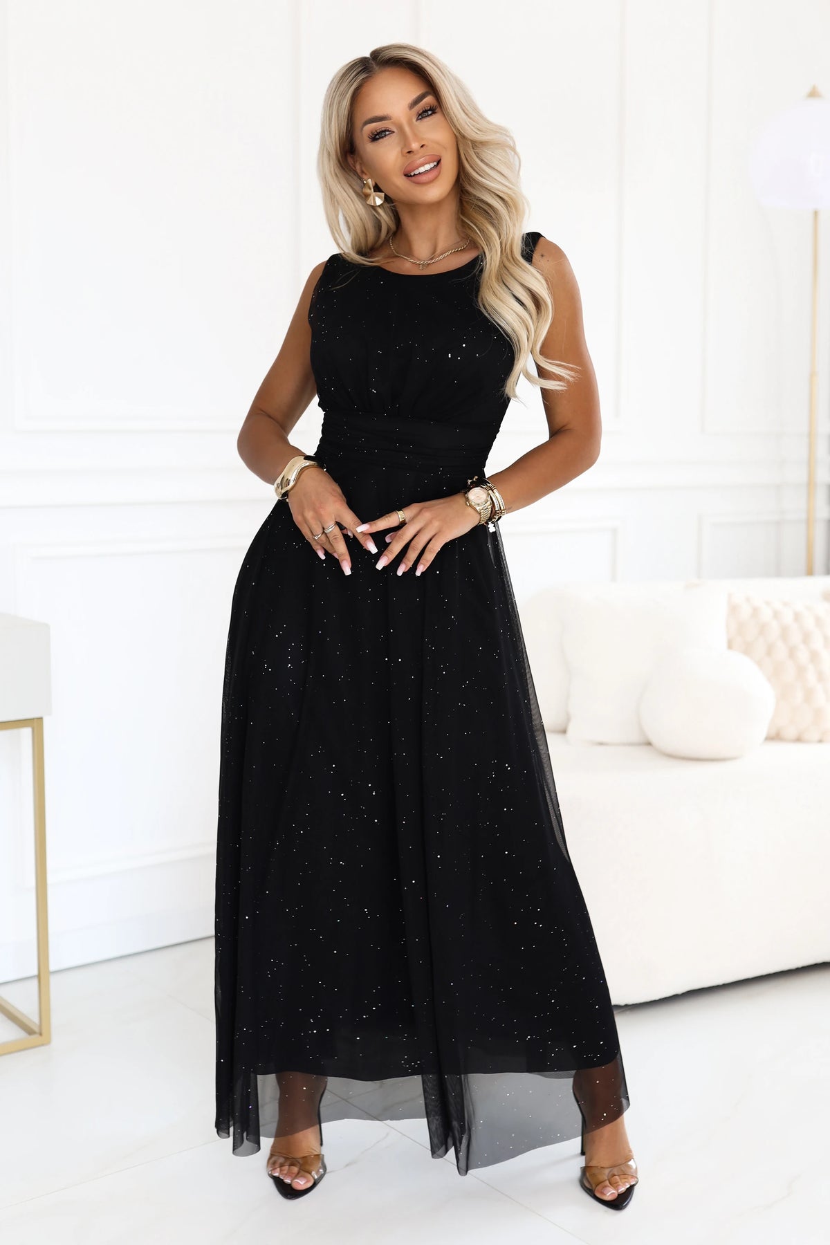 AVELINE Long maxi dress with glitter tulle and round neckline – Black