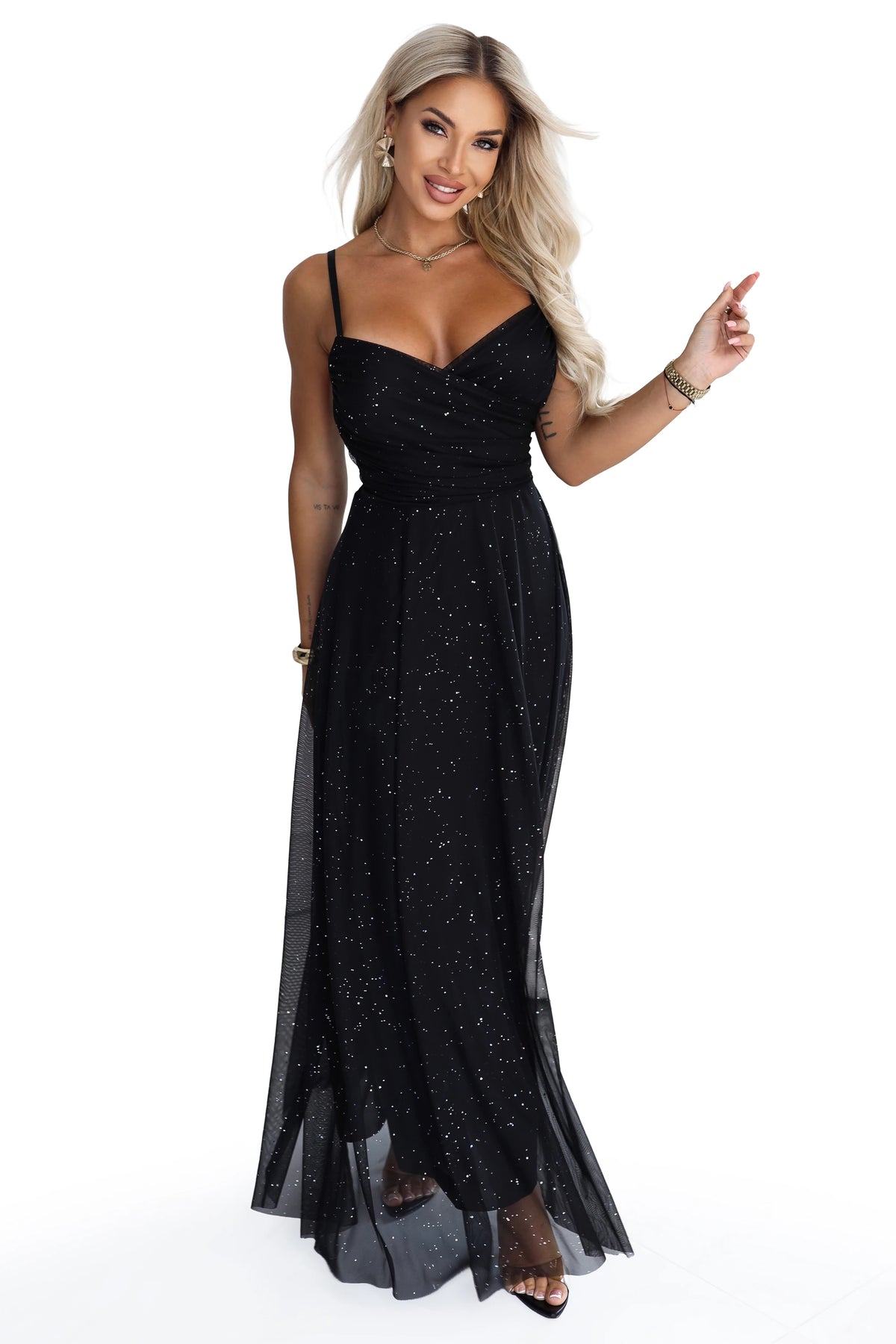 Glitter maxi dress on straps with a wrap neckline – Black