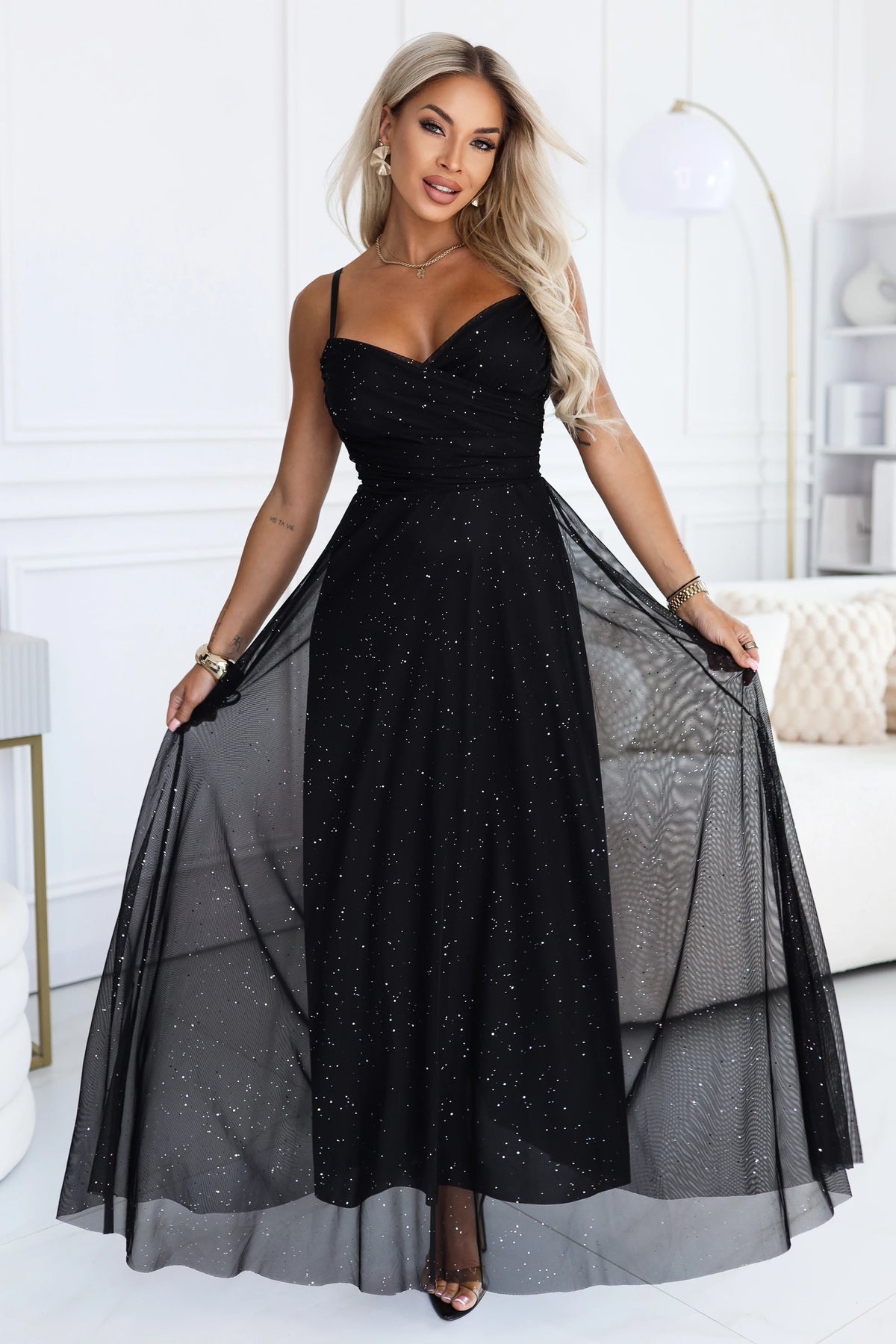 Glitter maxi dress on straps with a wrap neckline – Black
