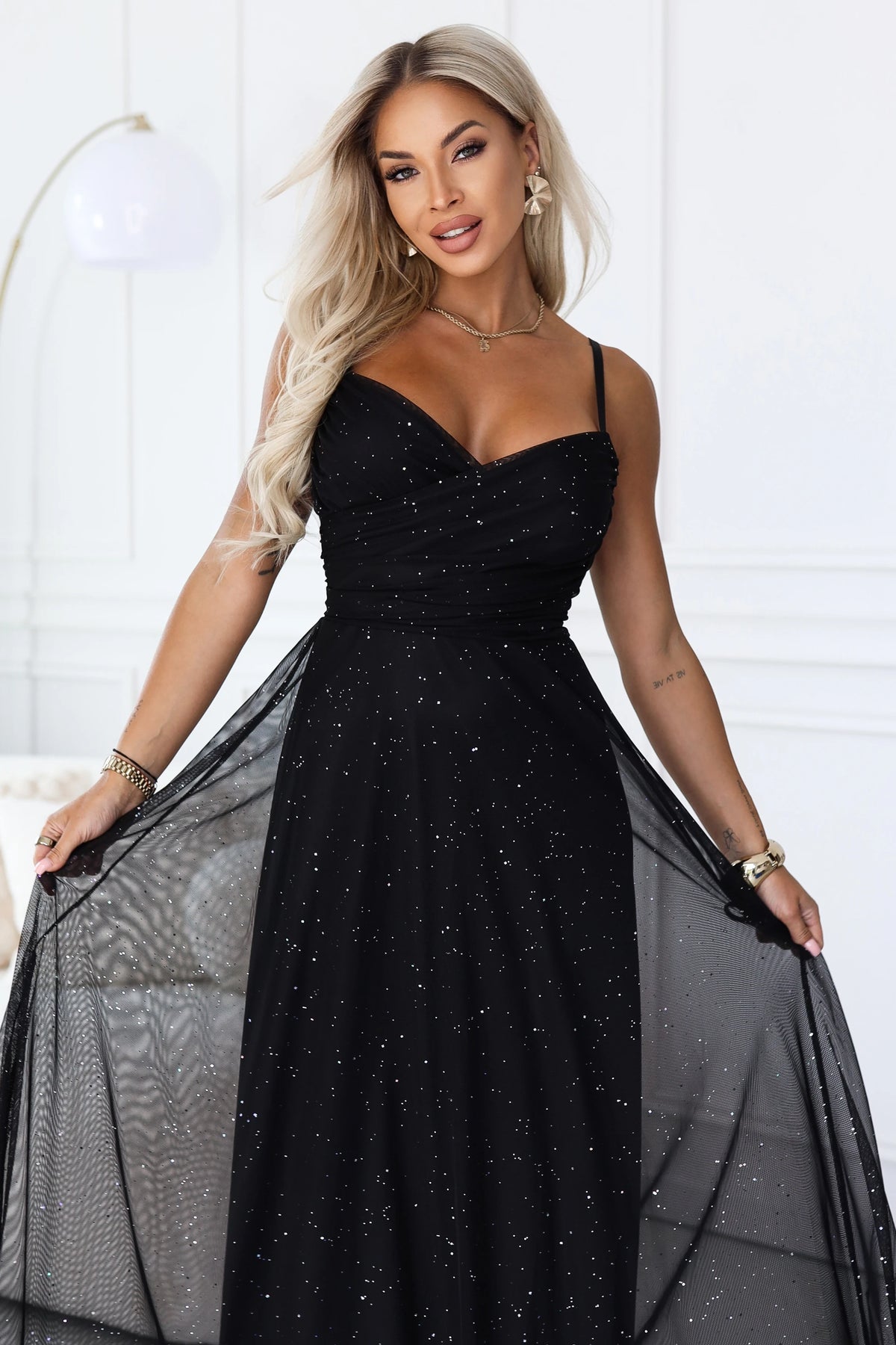 Glitter maxi dress on straps with a wrap neckline – Black