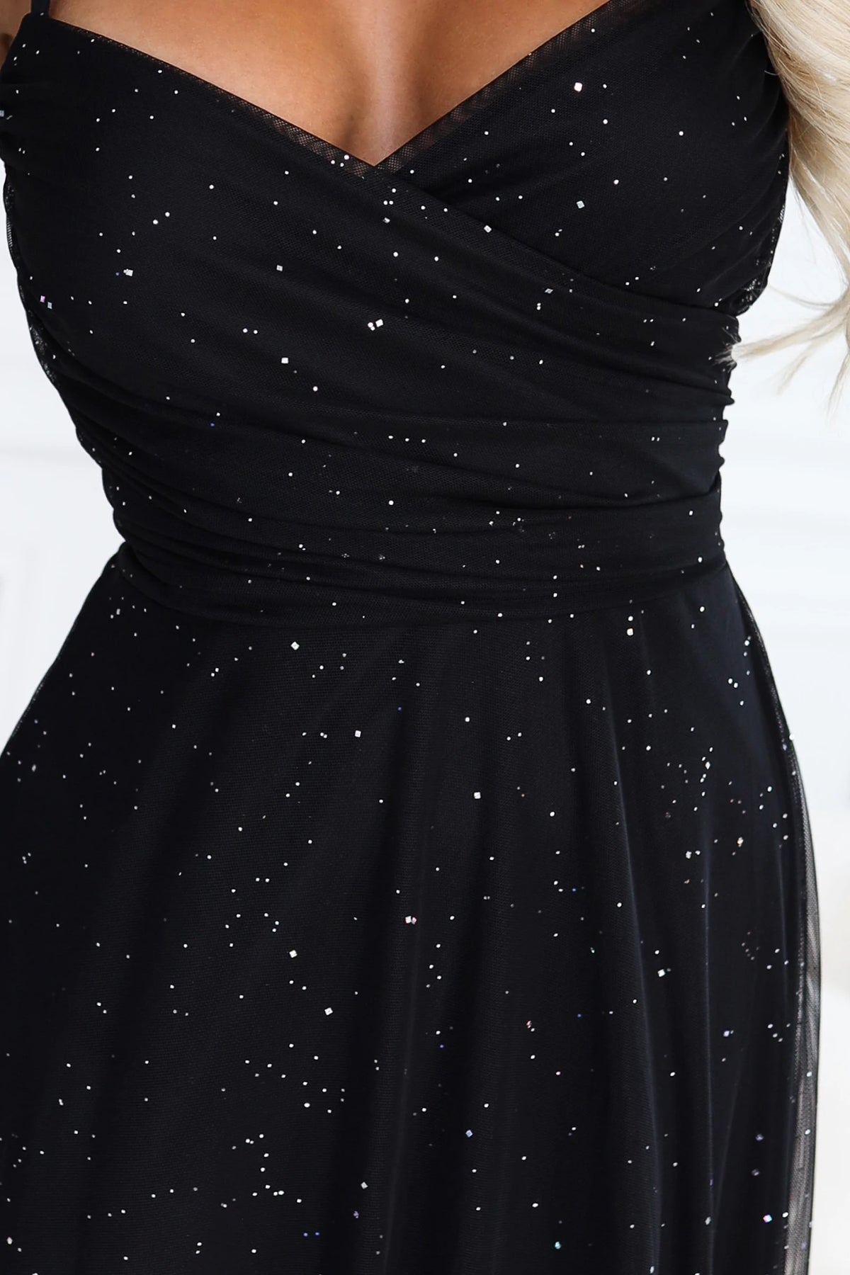 Glitter maxi dress on straps with a wrap neckline – Black