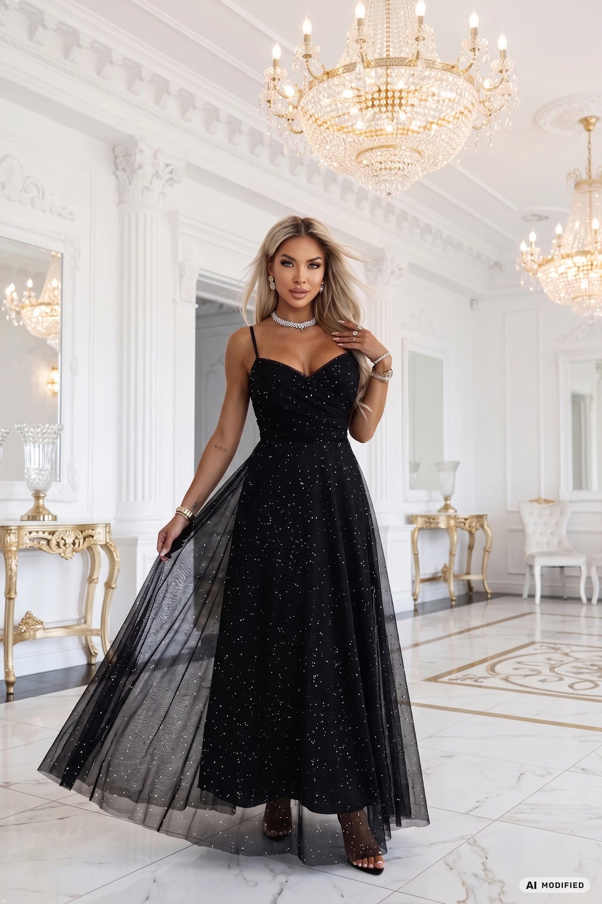 Glitter maxi dress on straps with a wrap neckline – Black